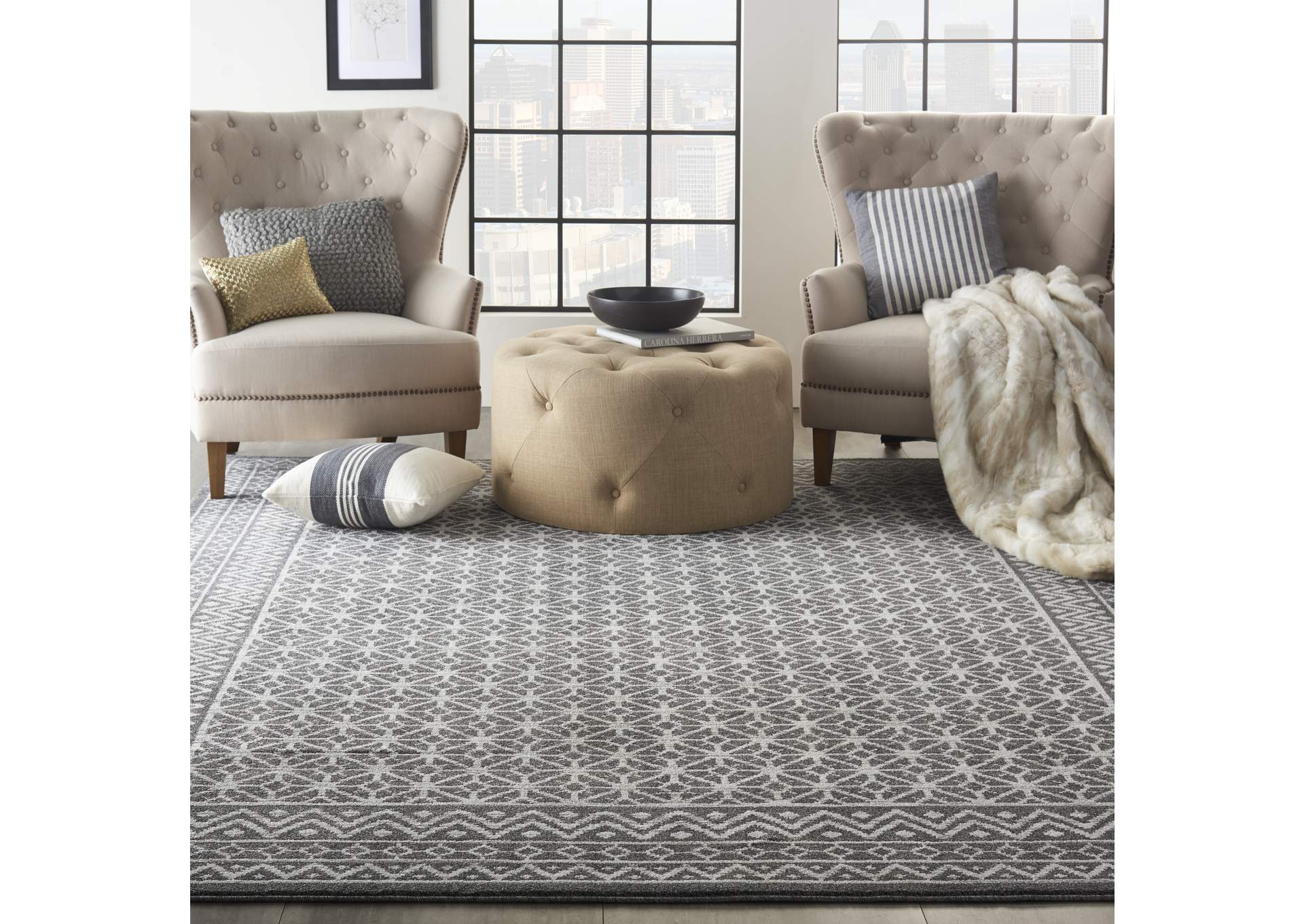 Nourison Palermo 7' x 10' Charcoal Grey and Silver Distressed Bohemian Area Rug,Nourison