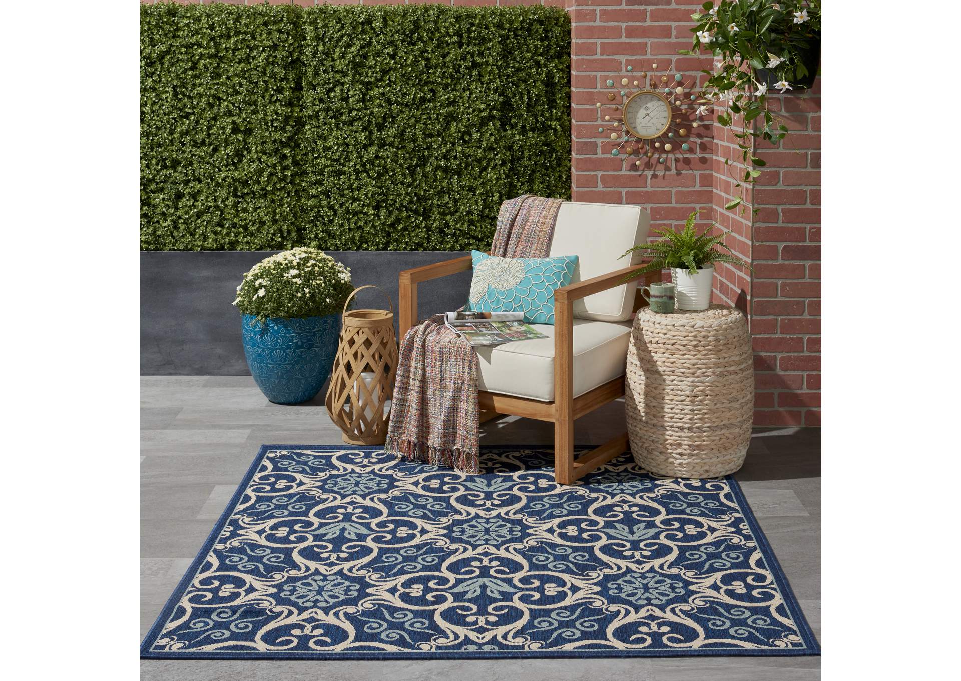 Nourison Caribbean CRB02 Navy Blue and White 5' Square Area Rug,Nourison