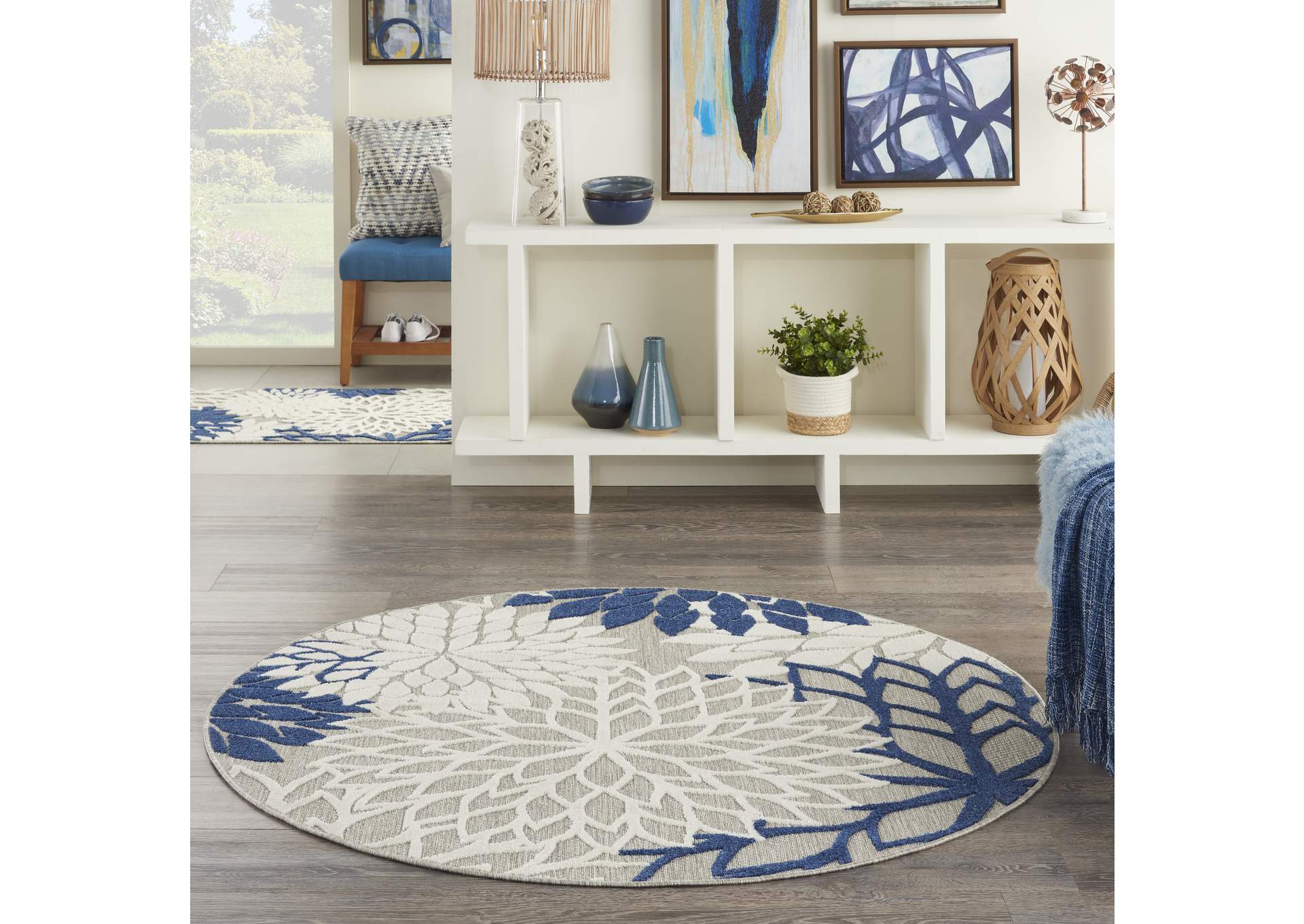 Nourison Aloha 4' Round Ivory Navy Area Rug,Nourison