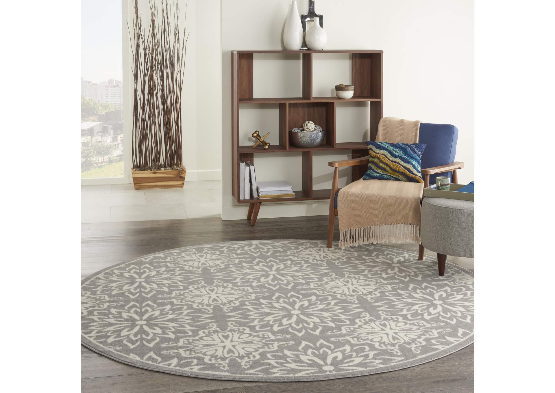 Nourison Jubilant JUB06 Grey 8' Round Floral Area Rug,Nourison