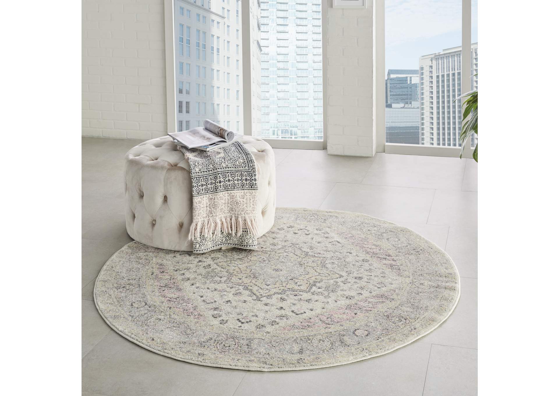 Nourison Tranquil TRA06 Pink and Beige 5' Round Kashan Area Rug,Nourison