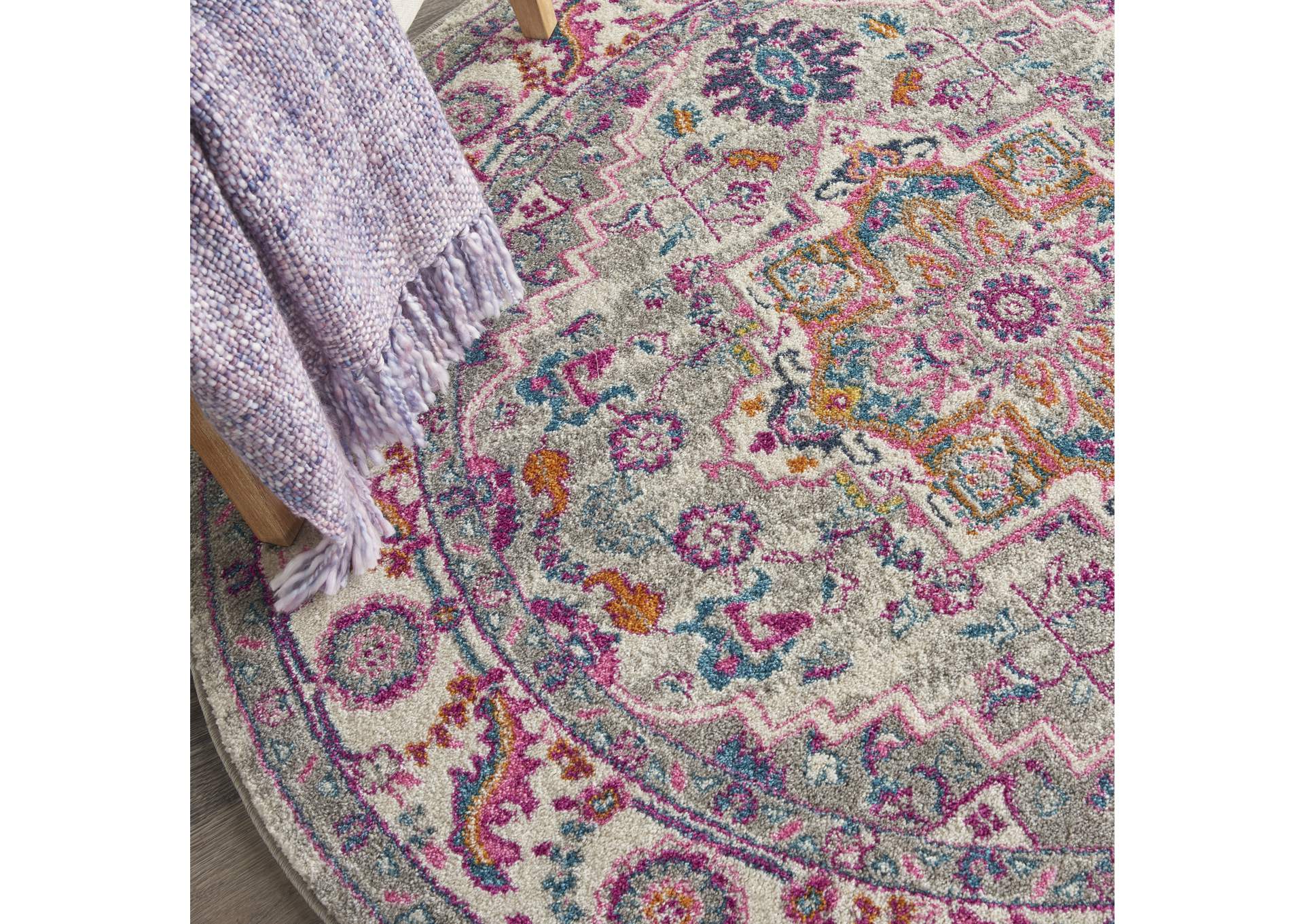 Nourison Passion PSN20 Grey and Pink 5' Round Persian Area Rug,Nourison