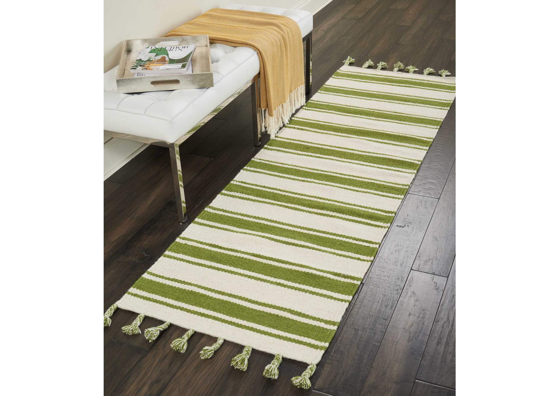 Nourison Rio Vista DST01 White and Green 8' Runner Flat Weave Hallway Rug,Nourison