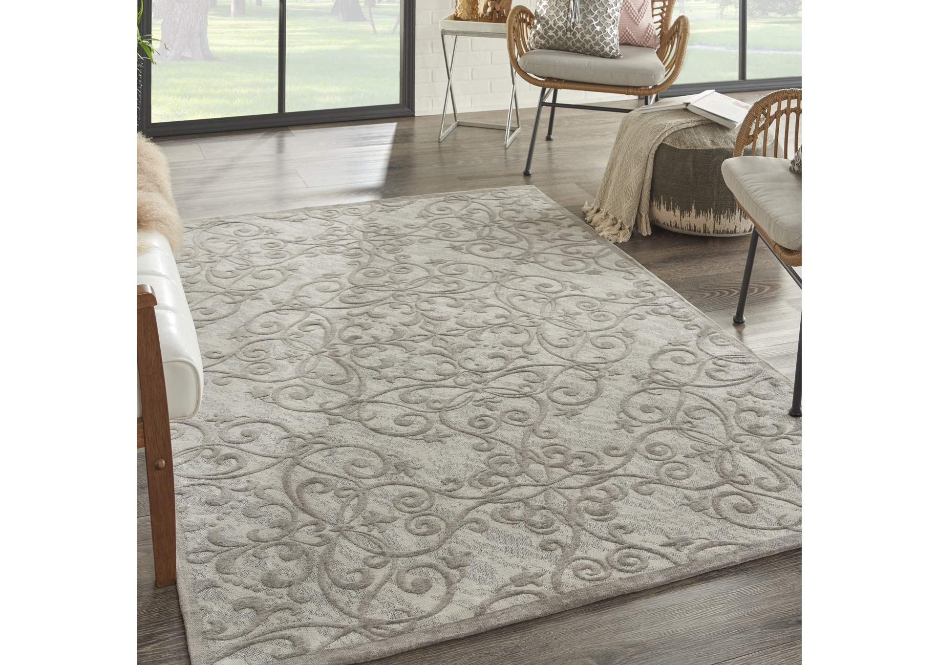 Nourison Damask DAS01 Grey and Ivory 5'x7' Vintage Area Rug,Nourison