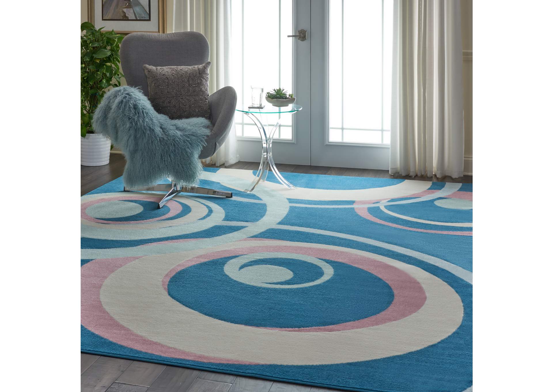 Nourison Grafix GRF21 Blue and Pink 8'x10' Large Rug,Nourison