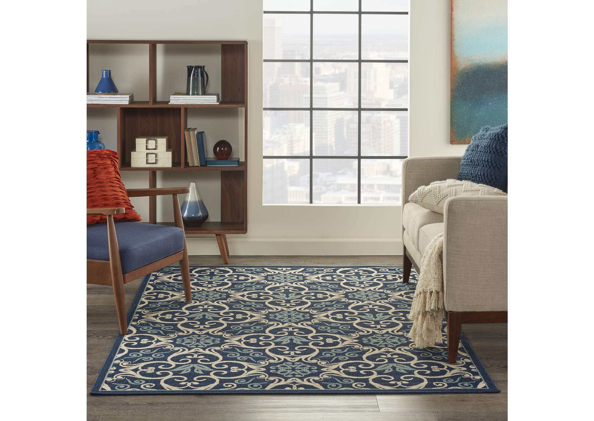 Nourison Caribbean CRB02 Navy Blue and White 5'x8' Area Rug,Nourison