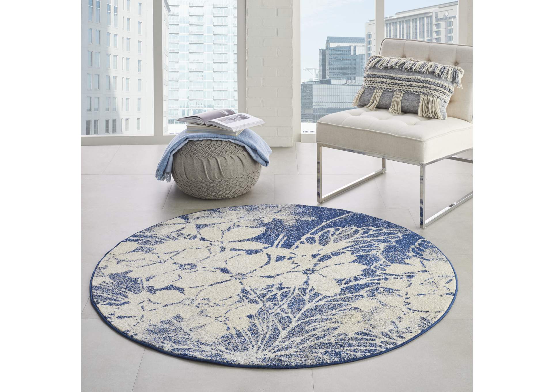 Nourison Tranquil TRA08 Navy Blue and Grey 5' Round Ombre Floral Area Rug,Nourison