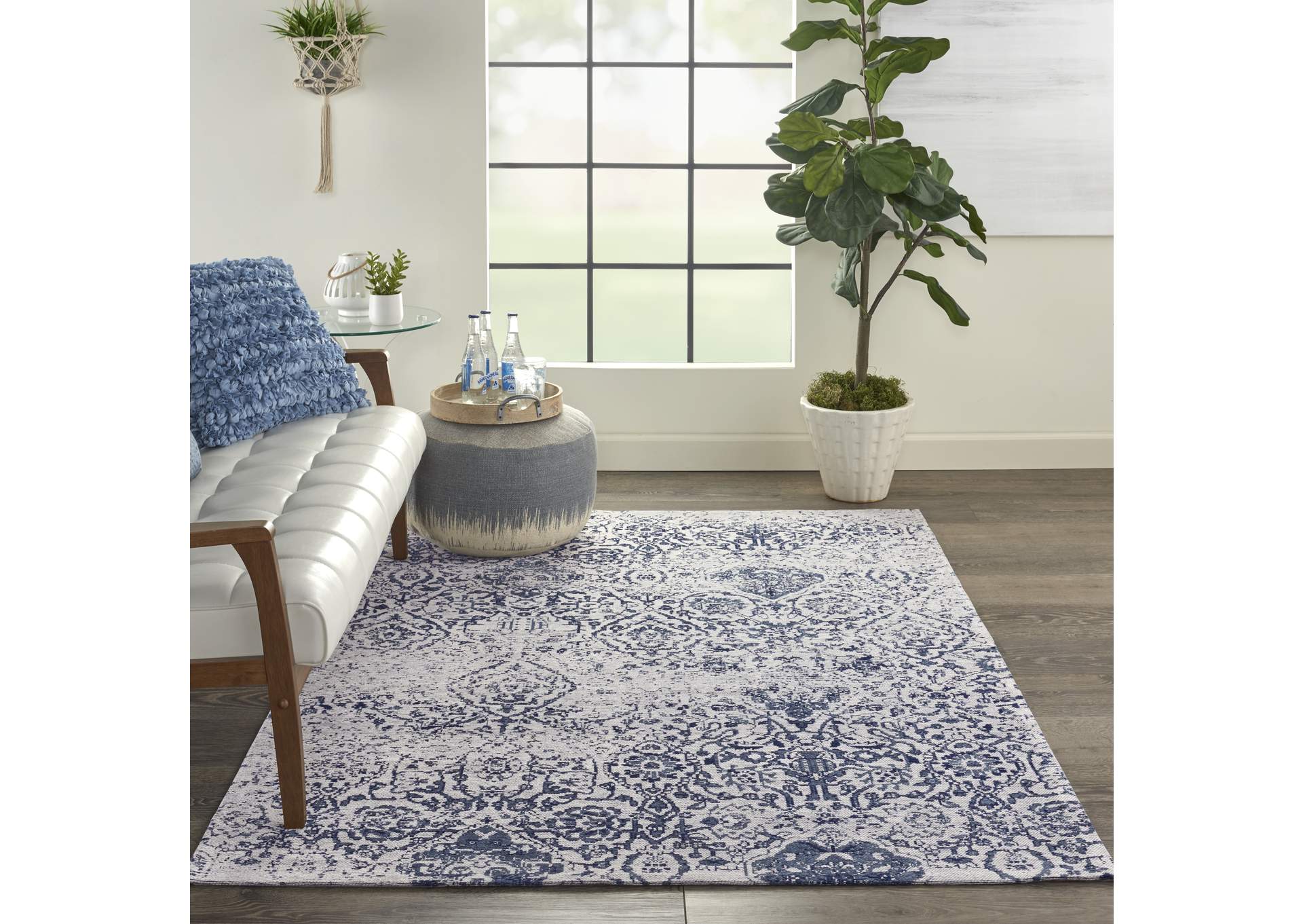 Nourison Damask DAS06 Dark Blue and White 5'x7' Vintage Area Rug,Nourison