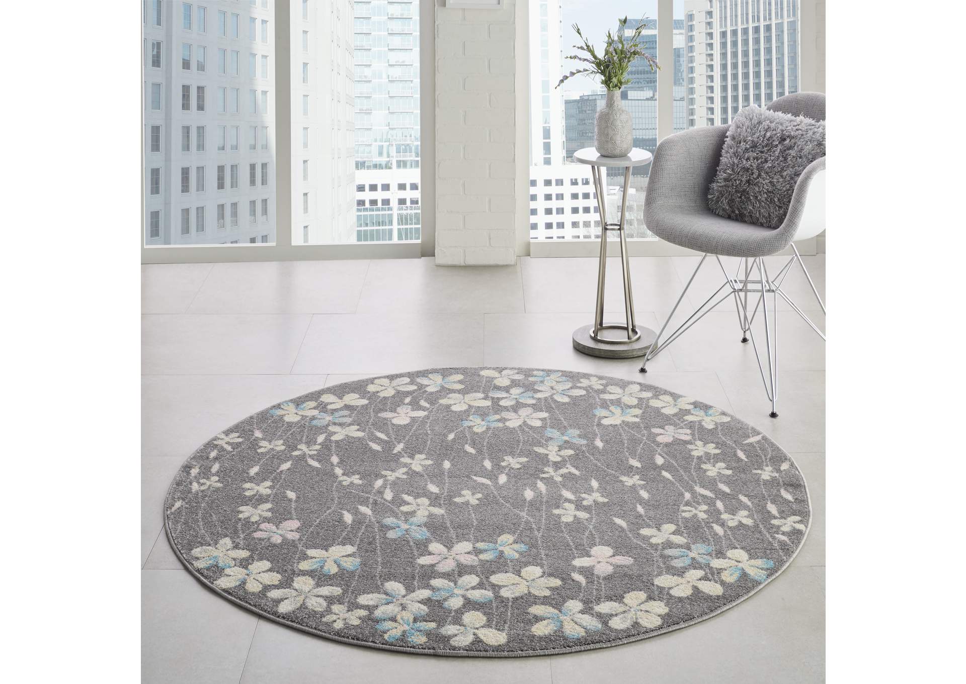 Nourison Tranquil TRA04 Grey 5' Round Floral Area Rug,Nourison