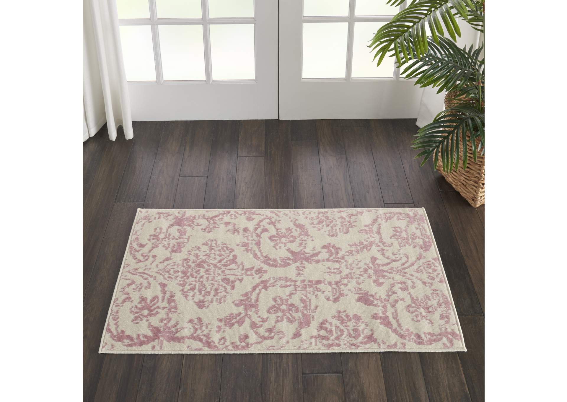 Nourison Jubilant 2' x 4' Small White and Pink Damask Area Rug,Nourison