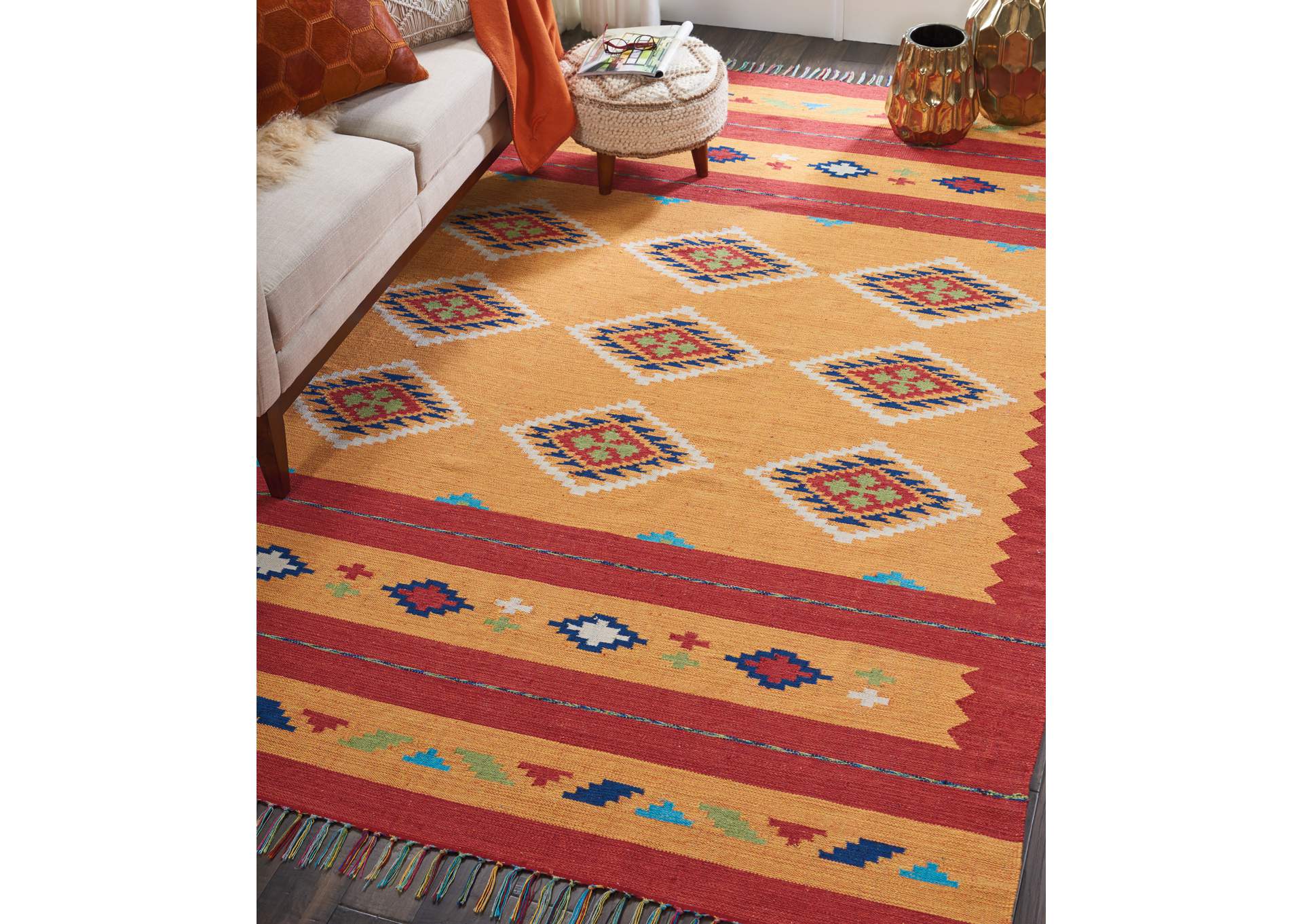 Nourison Baja BAJ02 Yellow and Red 7'x10' Large Flat Weave Rug,Nourison