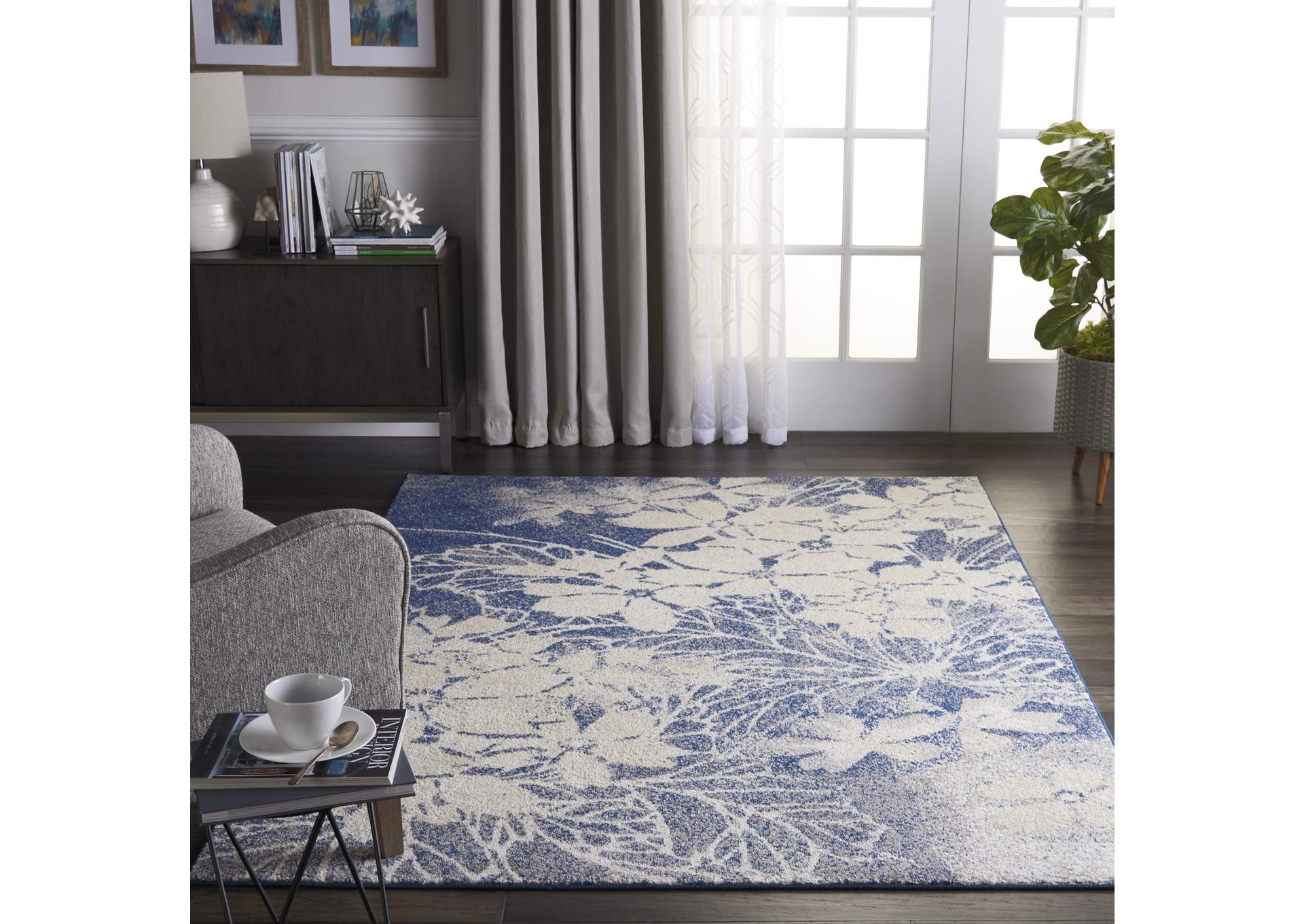 Nourison Tranquil TRA08 Navy Blue and Grey 6'x9' Ombre Floral Area Rug,Nourison