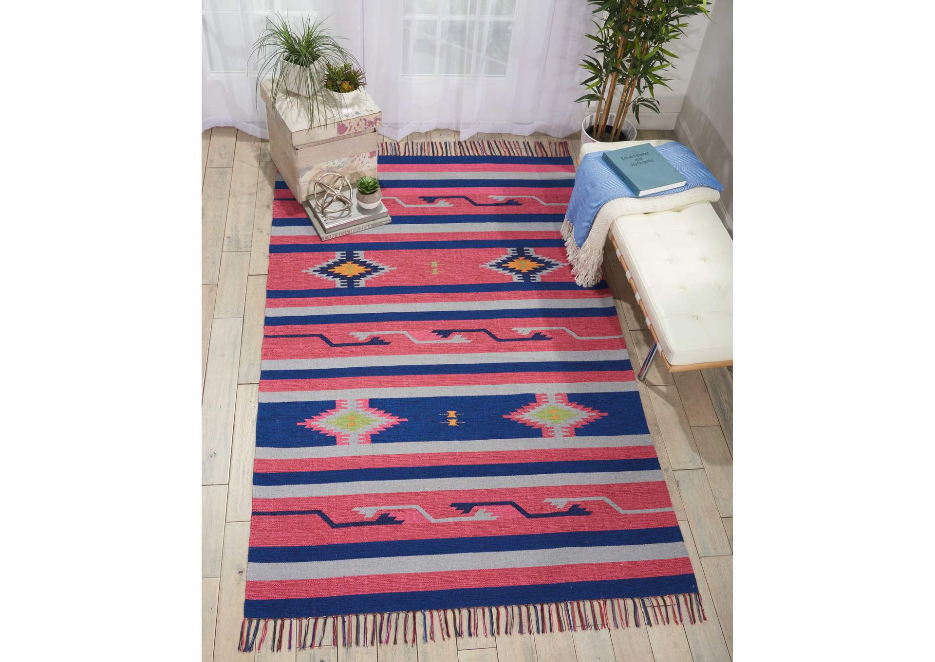 Nourison Baja BAJ01 Pink and Blue 7'x10' Large Flat Weave Rug,Nourison