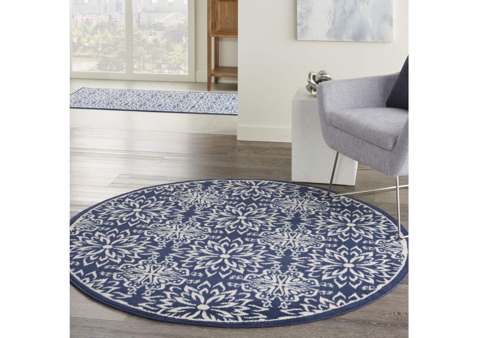 Nourison Jubilant 5' Round Navy Ivory Transitional Area Rug,Nourison