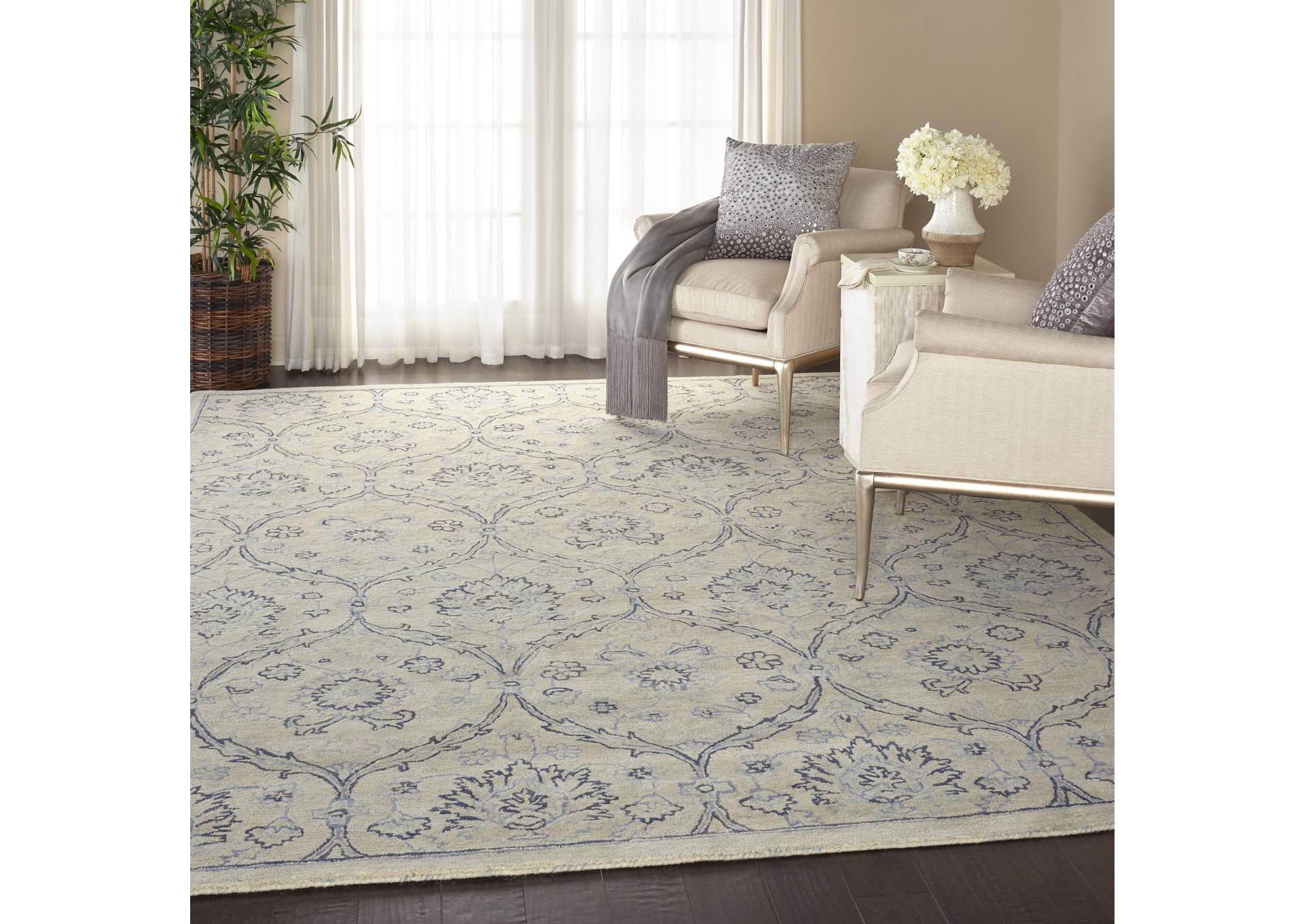 Nourison Jazmine JAZ03 Ivory and Blue 9'x12' Oversized Wool Rug,Nourison