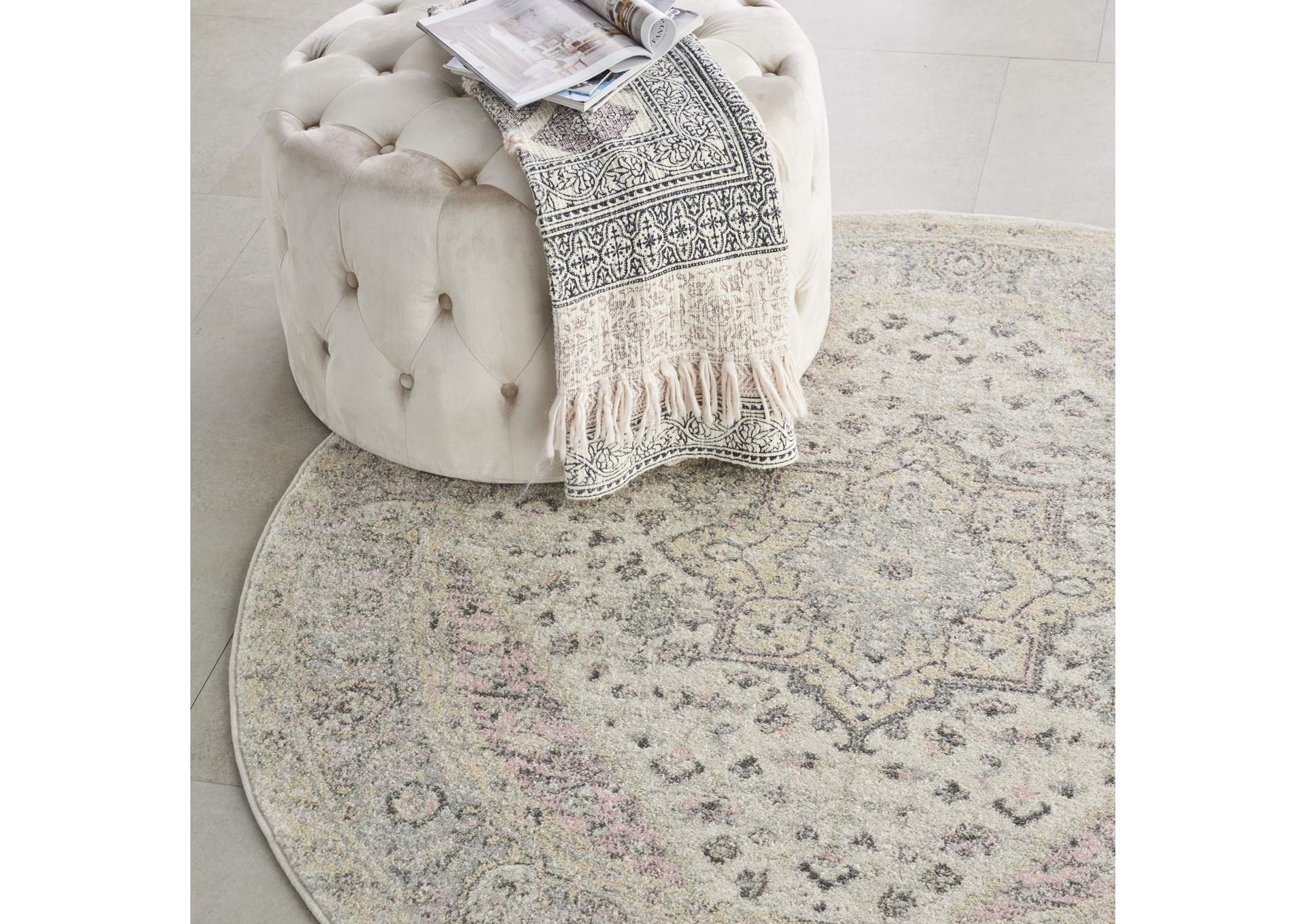 Nourison Tranquil TRA06 Pink and Beige 5' Round Kashan Area Rug,Nourison