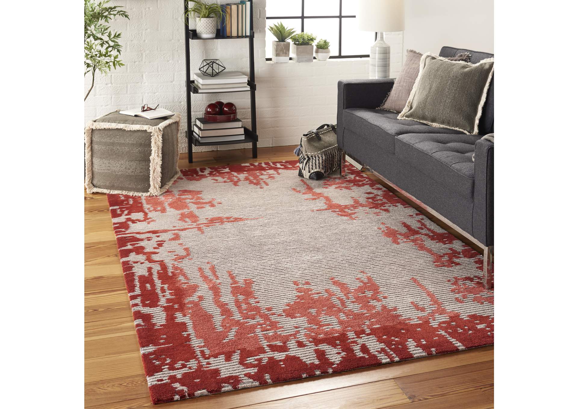 Nourison Symmetry SMM02 Ivory and Red 4'x6' Area Rug,Nourison