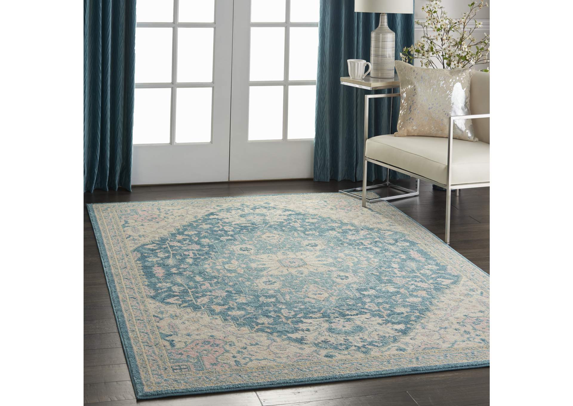 Nourison Tranquil TRA07 Turquoise Blue and White 6'x9' Oushak Area Rug,Nourison