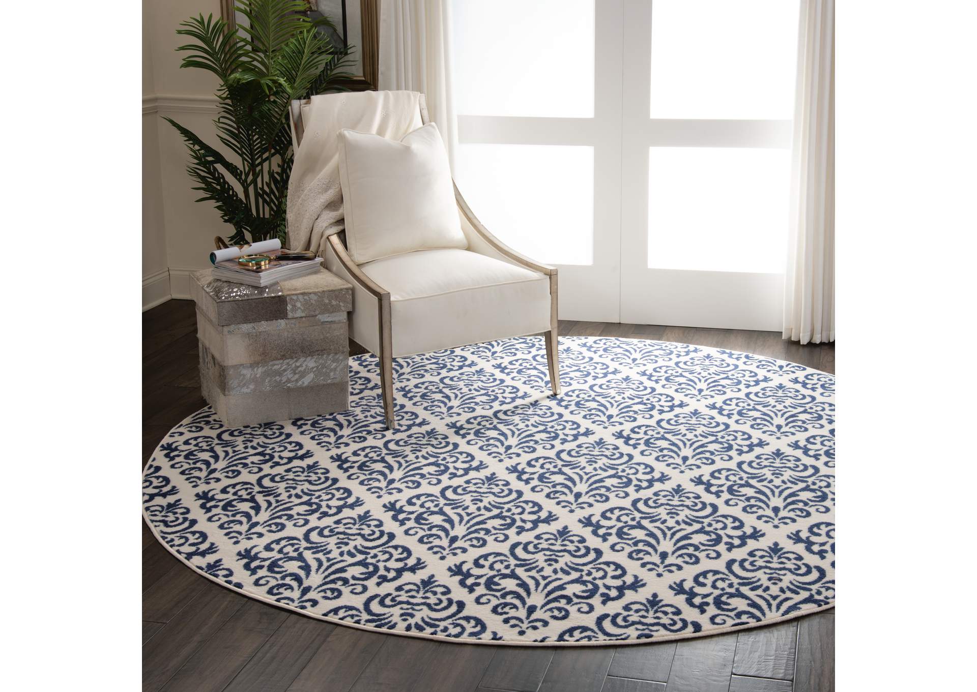 Nourison Grafix GRF06 Navy Blue and White 8' Round Large Rug,Nourison