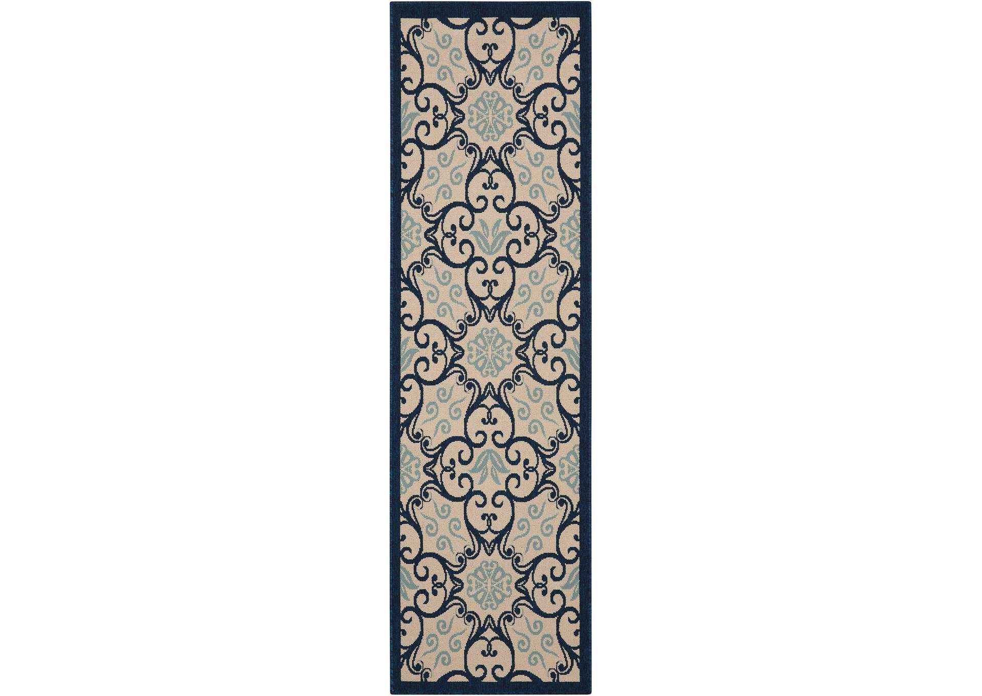 Nourison Caribbean CRB02 Dark Blue and White 8' Runner Hallway Rug,Nourison