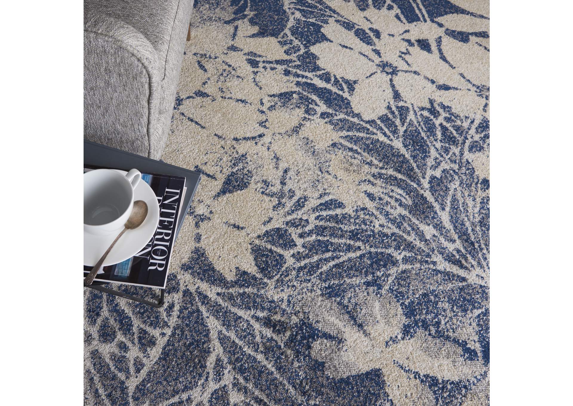 Nourison Tranquil TRA08 Navy Blue and Grey 4'x6' Ombre Floral Area Rug,Nourison