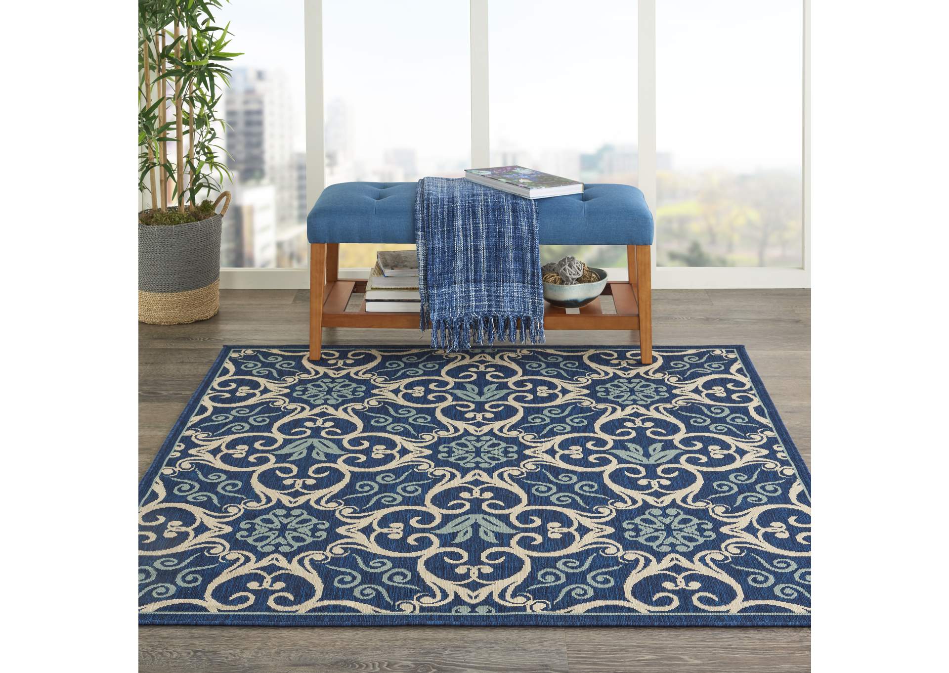 Nourison Caribbean CRB02 Navy Blue and White 5' Square Area Rug,Nourison