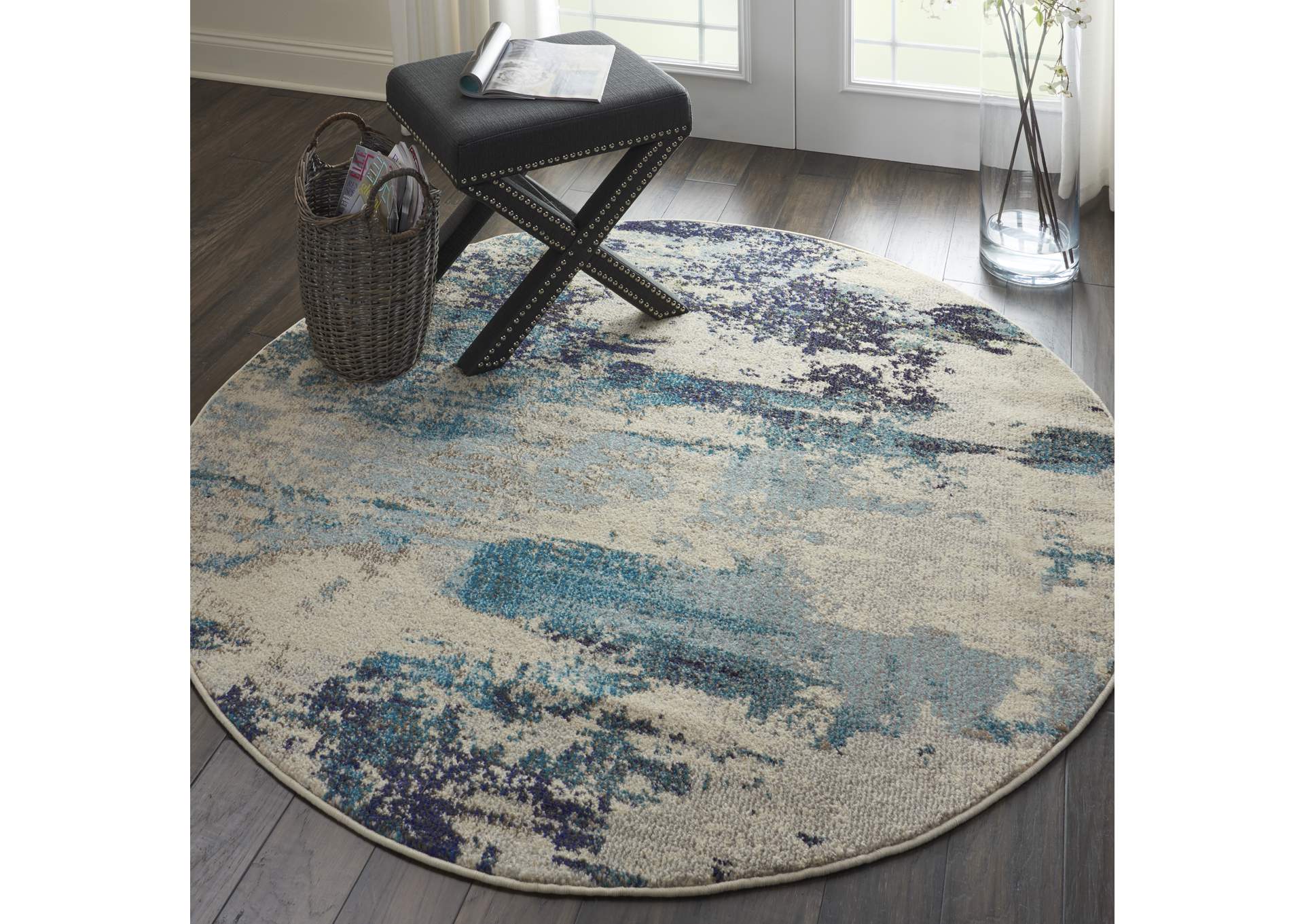 Nourison Celestial CES02 Blue and White 5' Round Beach Area Rug,Nourison