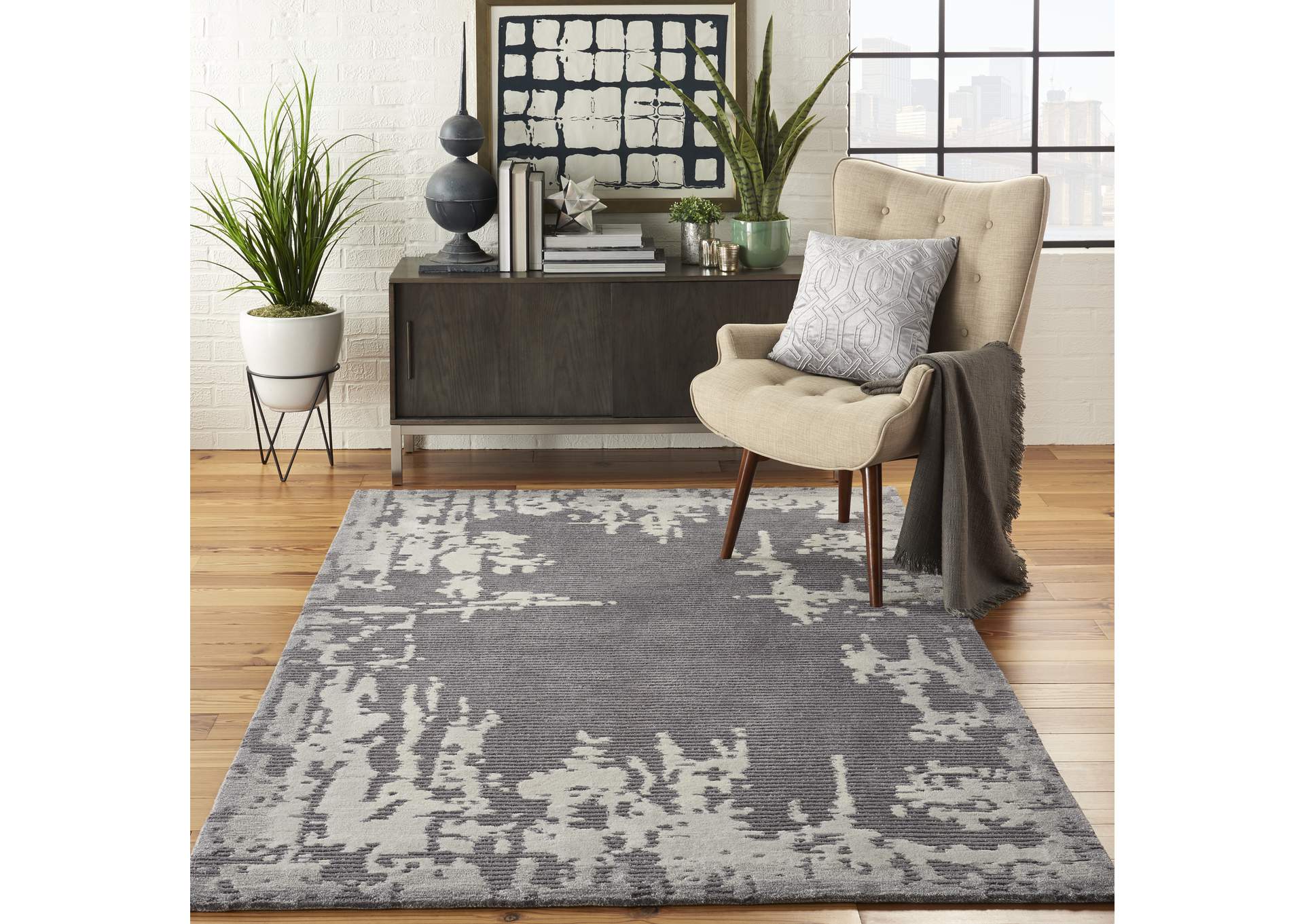 Nourison Symmetry SMM02 Ivory and Grey 5'x8' Area Rug,Nourison