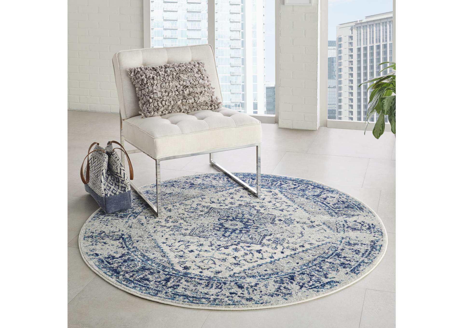 Nourison Tranquil TRA06 Navy Blue and White 5' Round Persian Area Rug,Nourison