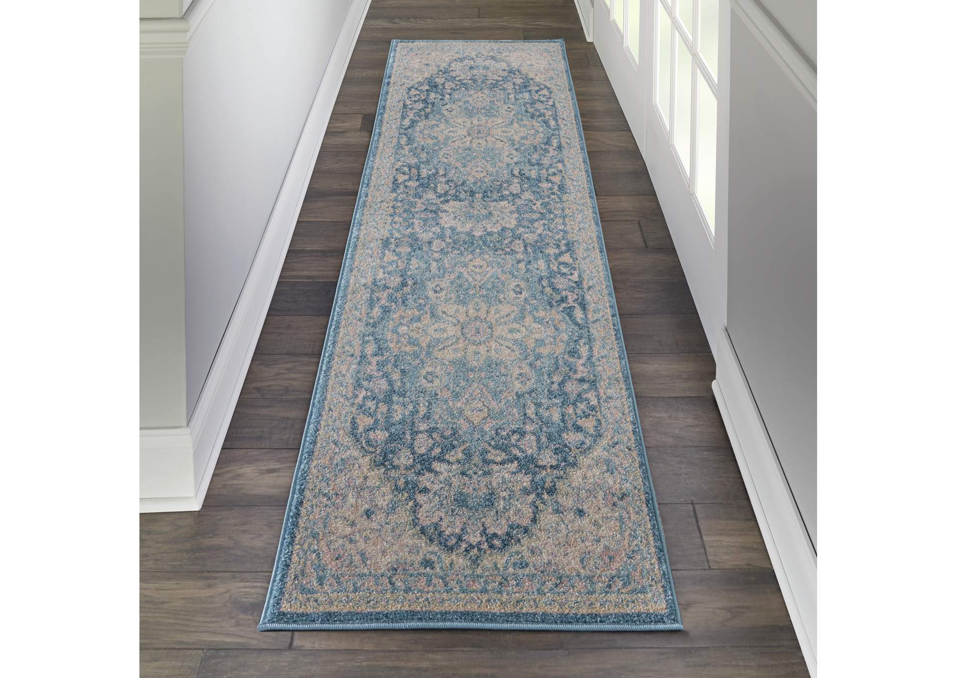 Nourison Tranquil TRA07 Turquoise Blue and White 7' Runner Hallway Rug,Nourison