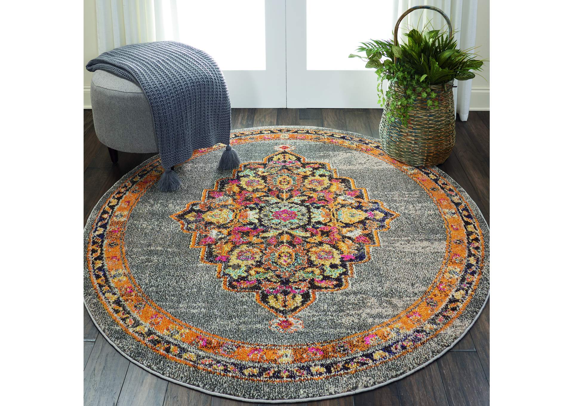Nourison Passionate PST01 Grey Multicolor 5' Round Persian Area Rug,Nourison