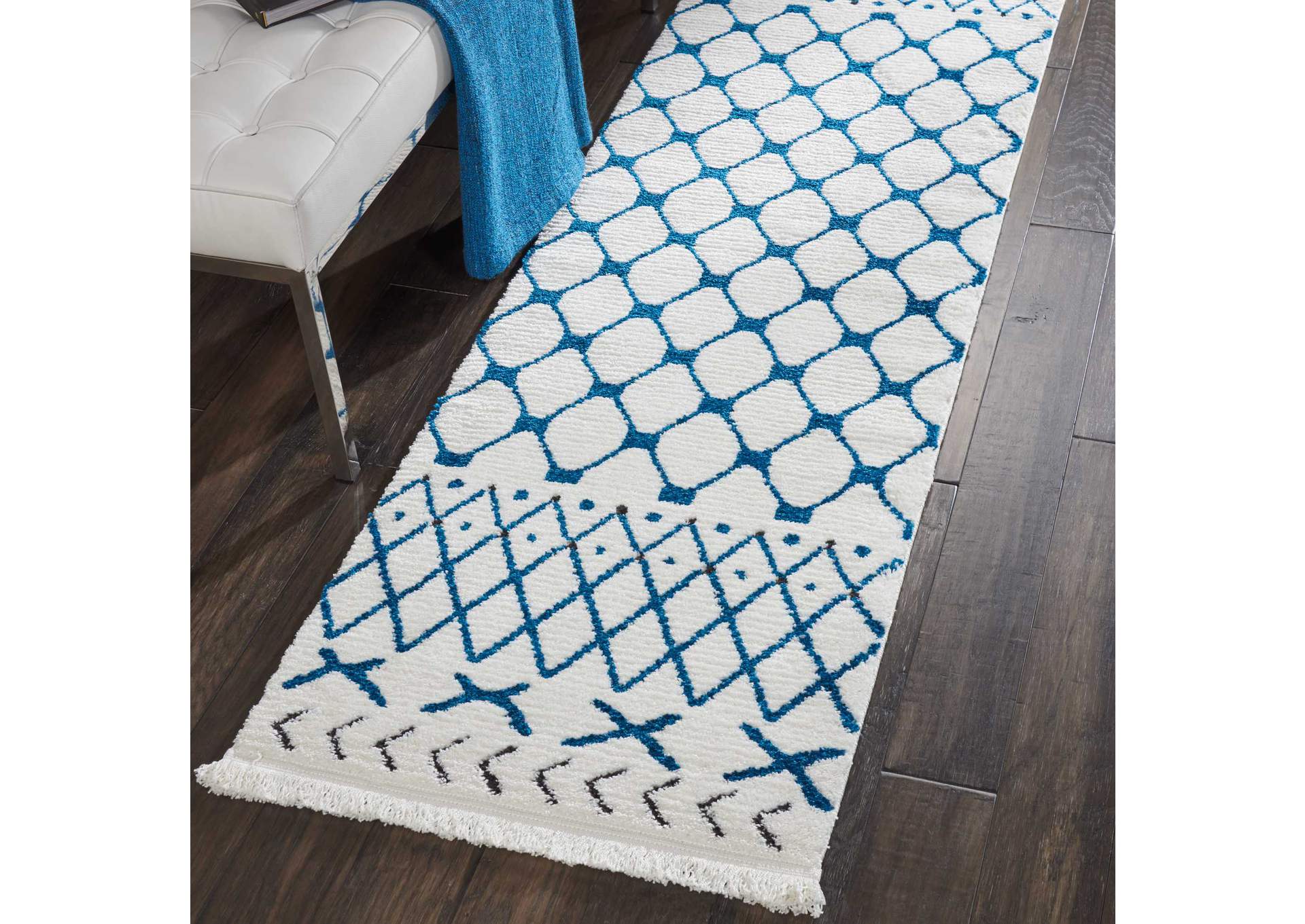 Nourison Kamala DS500 White and Blue 8' Runner Hallway Rug,Nourison