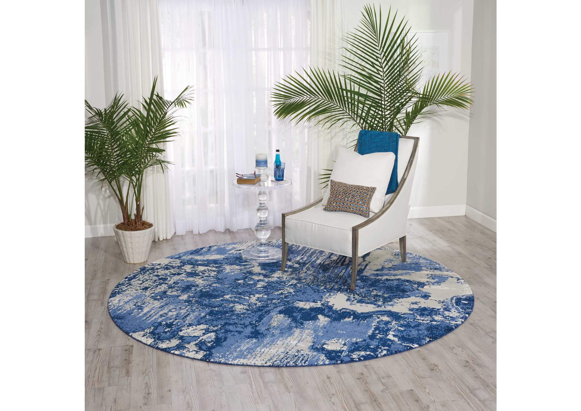 Nourison Twilight TWI24 Blue and White 8' Round Large Rug,Nourison