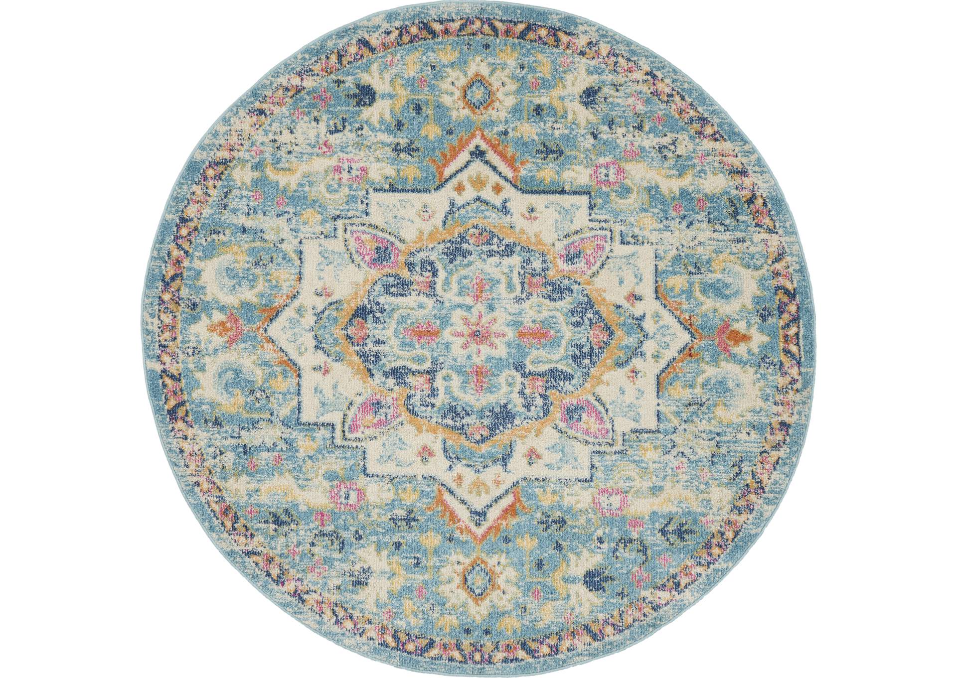 Nourison Passion 4' Round Ivory, Light Blue Bohemian Area Rug,Nourison