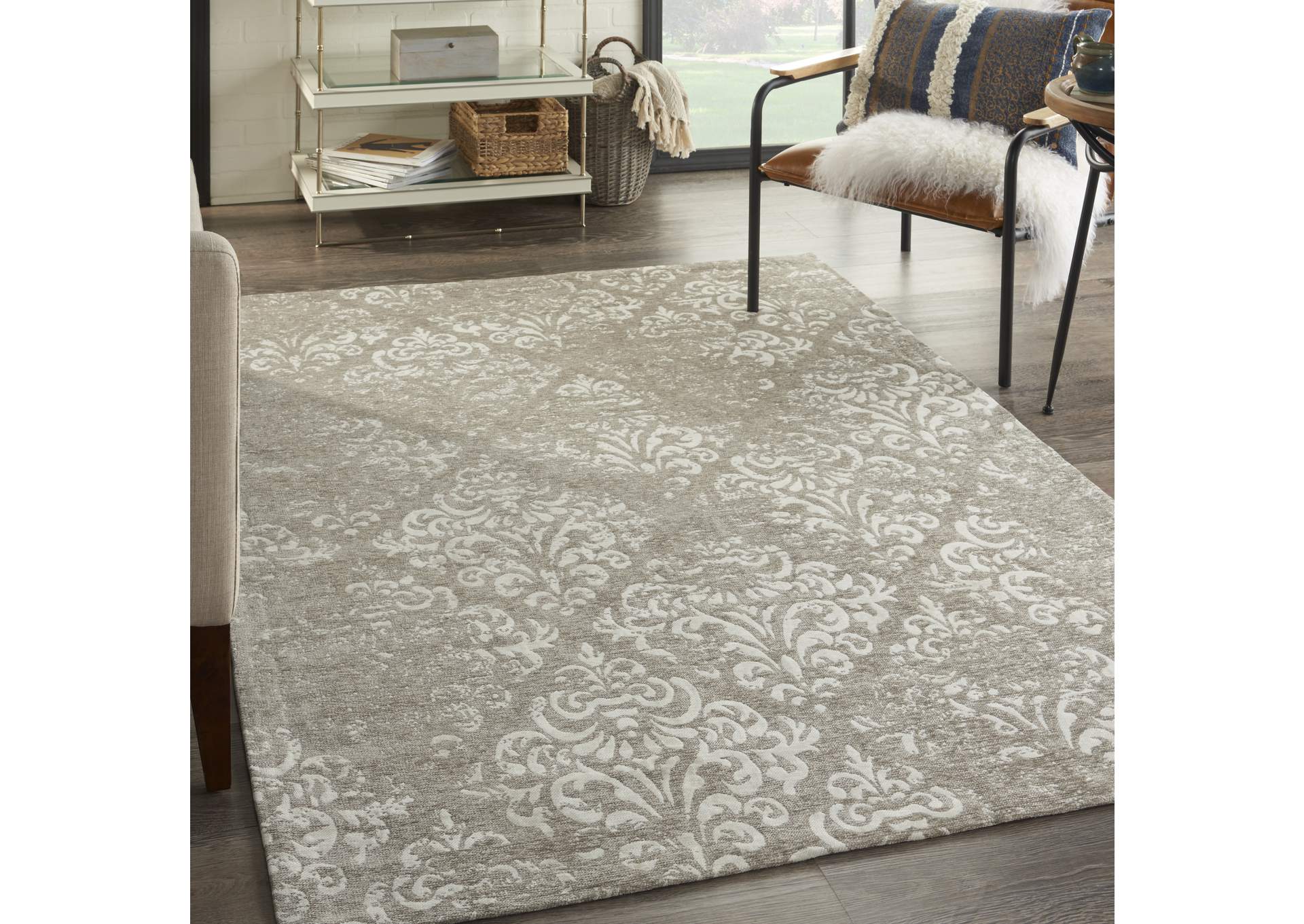 Nourison Damask DAS03 Grey and White 5'x7' Vintage Area Rug,Nourison