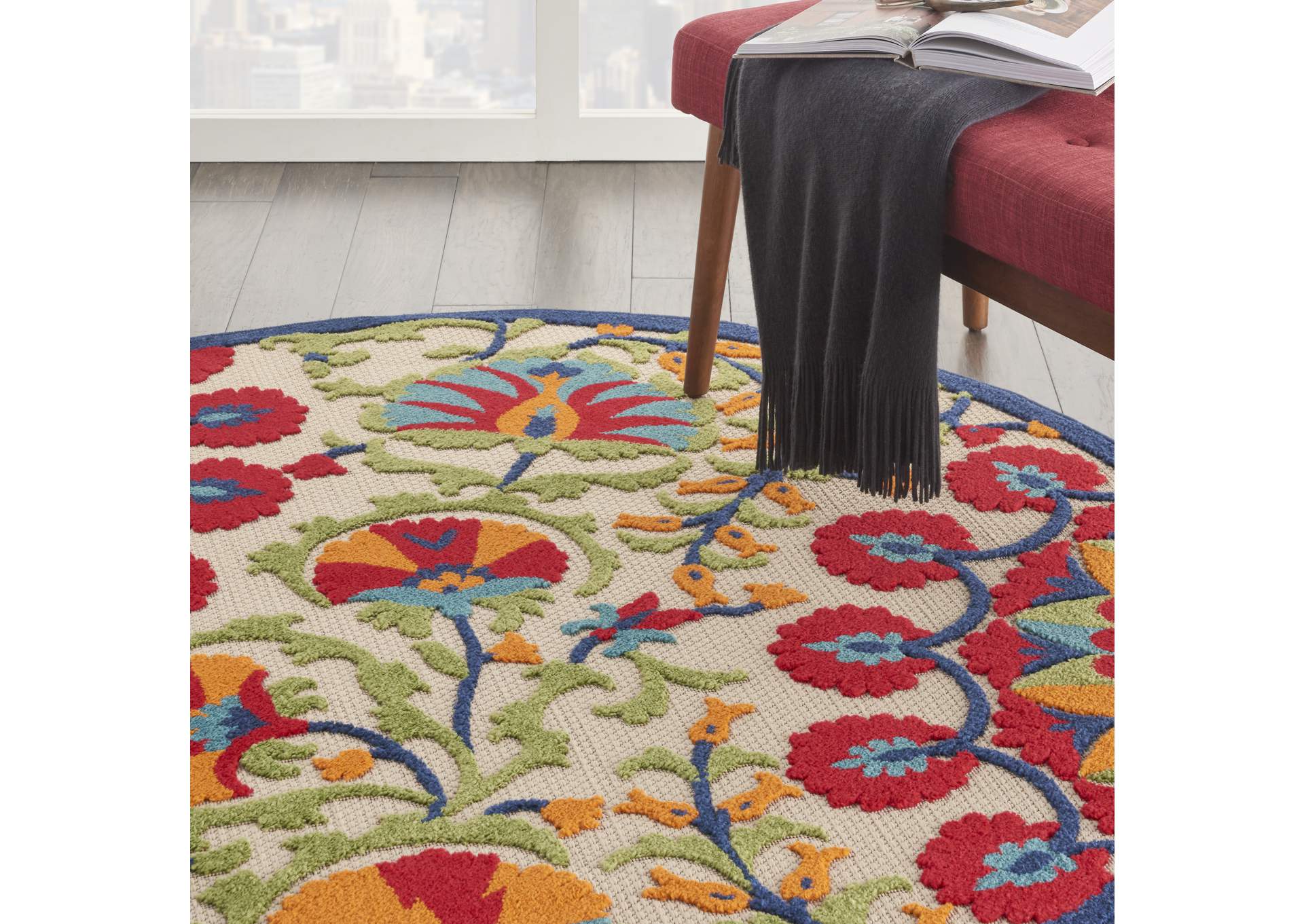 Nourison Aloha ALH20 5' Round Red Multicolor Easy-care Indoor-outdoor Rug,Nourison