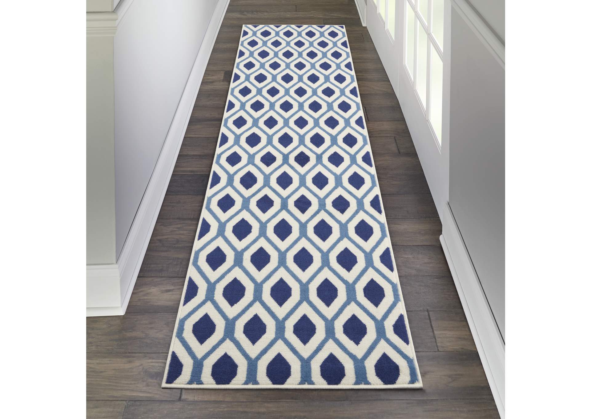 Nourison Grafix GRF22 Blue and White 8' Runner Hallway Rug,Nourison