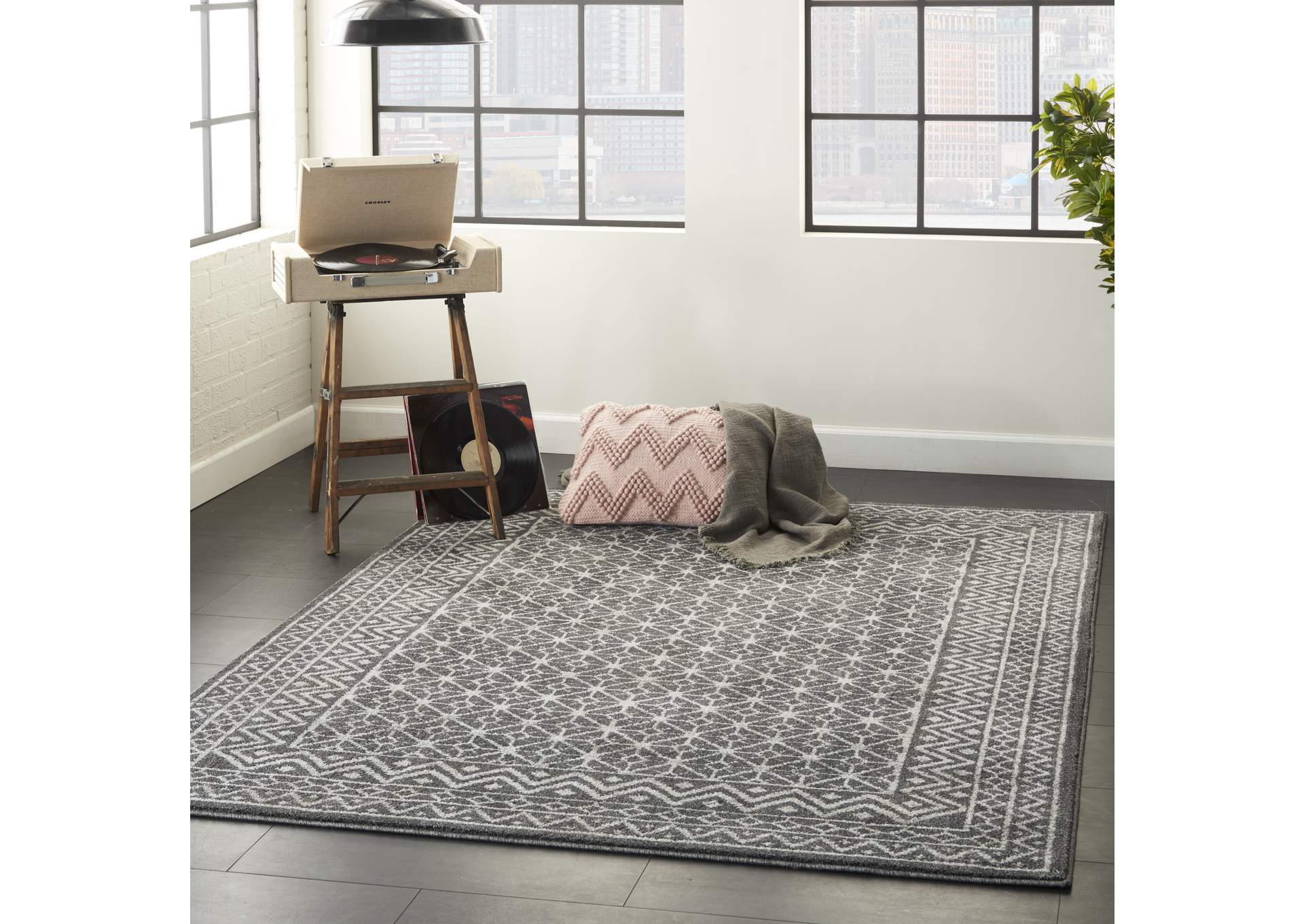 Nourison Palermo 5' x 7' Charcoal Grey and Silver Distressed Bohemian Area Rug,Nourison