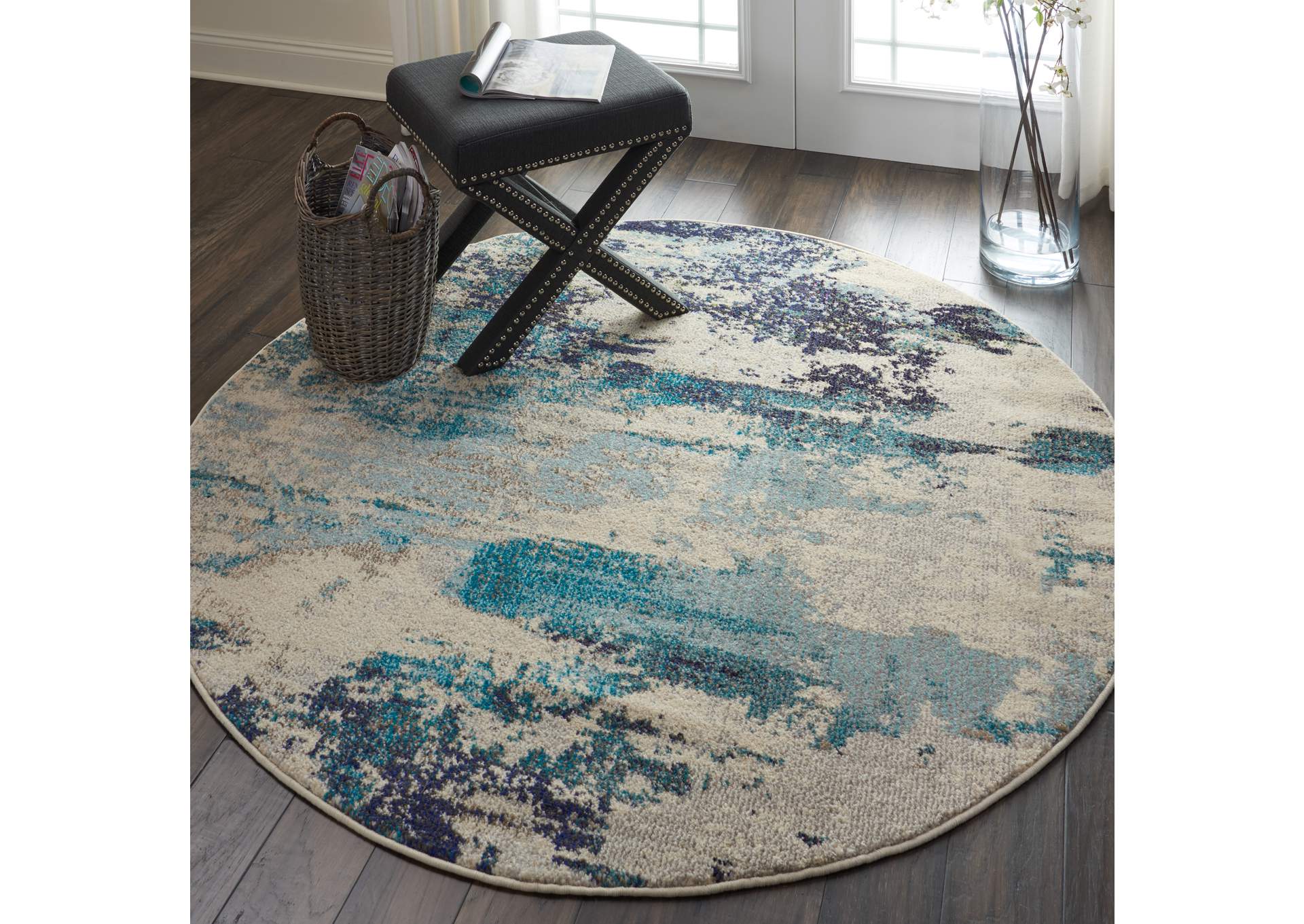 Nourison Celestial CES02 Blue and White 5' Round Beach Area Rug,Nourison
