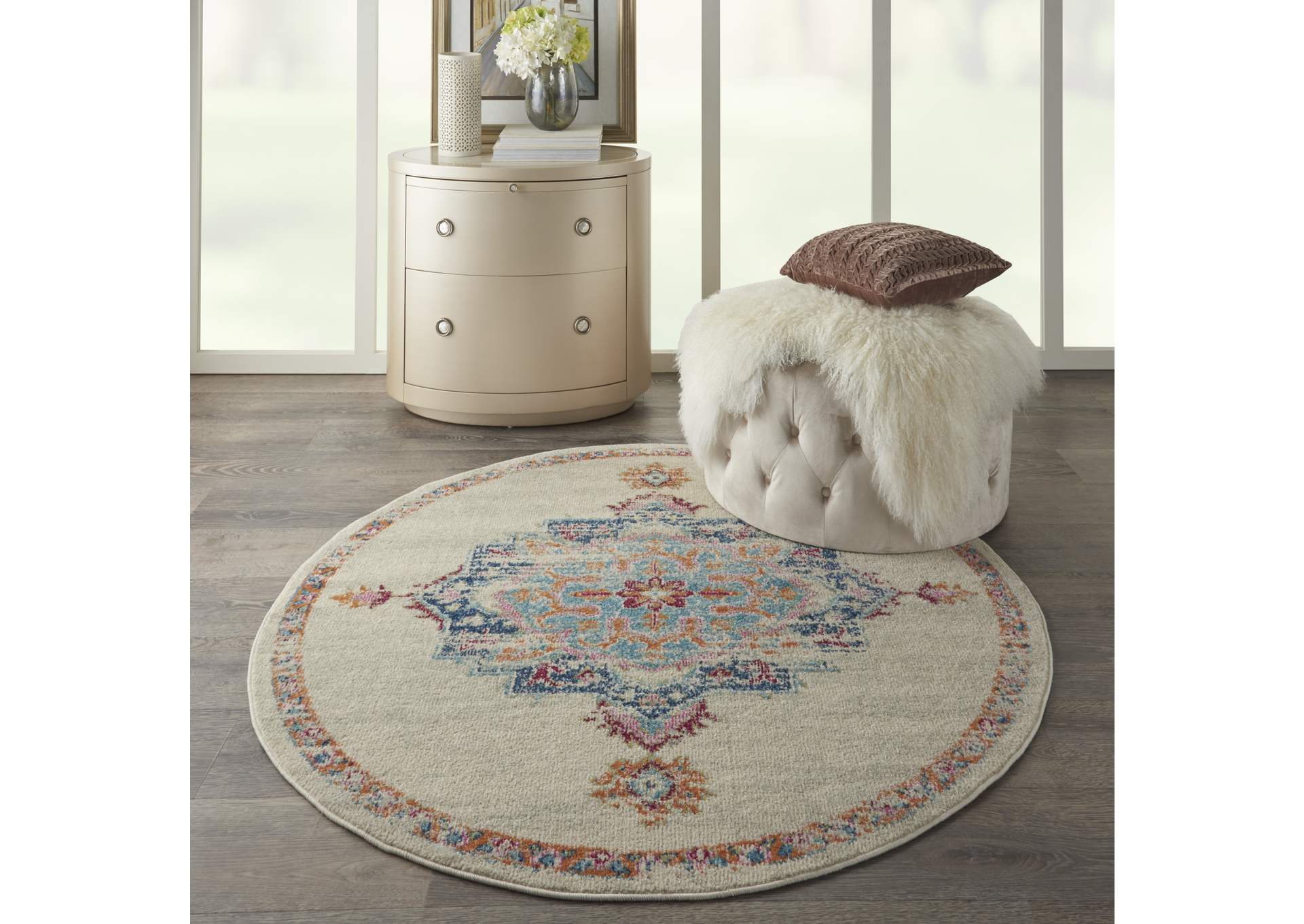 Nourison Passion 5' Round Grey, Ivory, Multicolored Bohemian Area Rug,Nourison