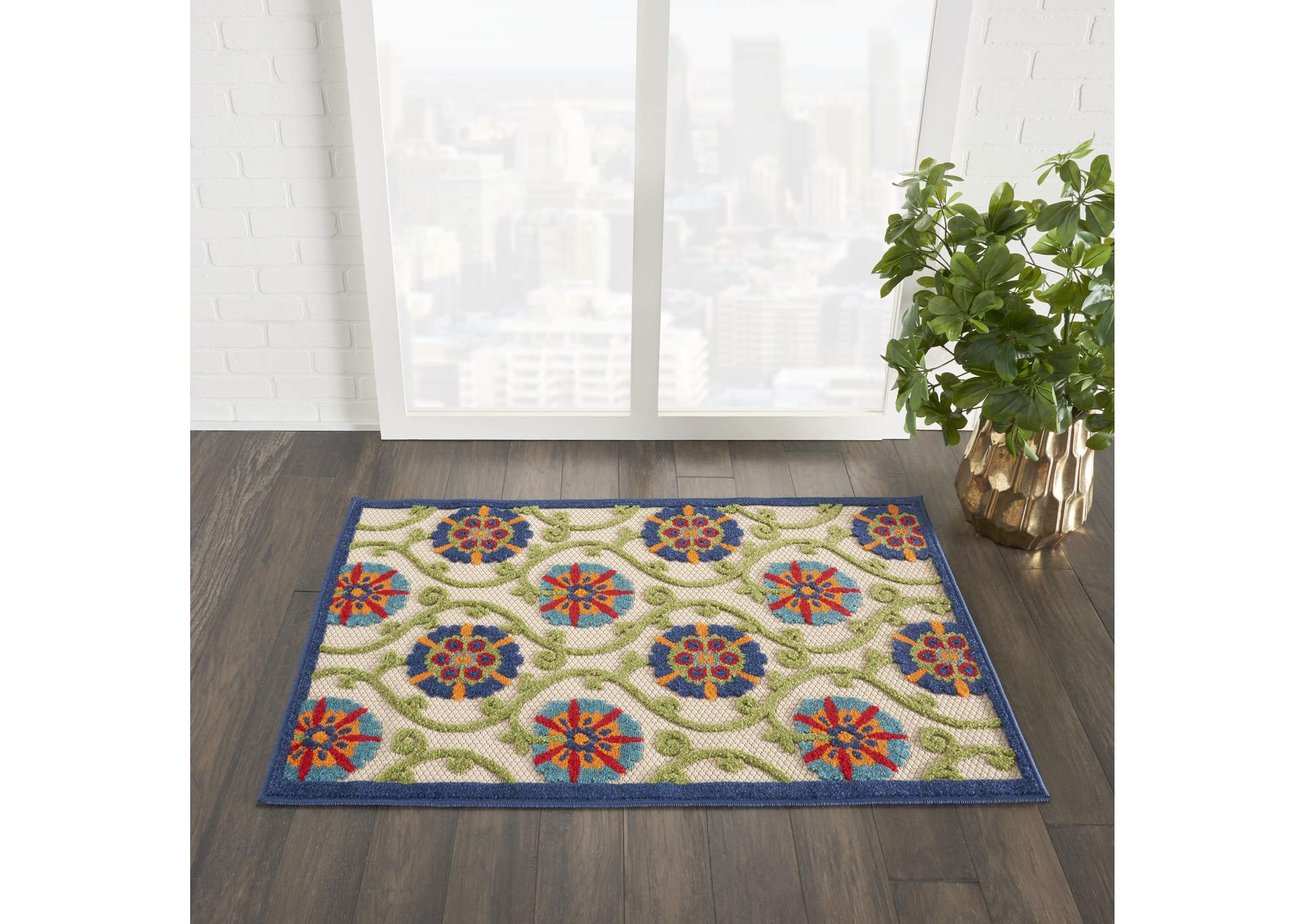 Nourison Aloha ALH19 3'x4' Blue Multicolor Easy-care Indoor-outdoor Rug,Nourison
