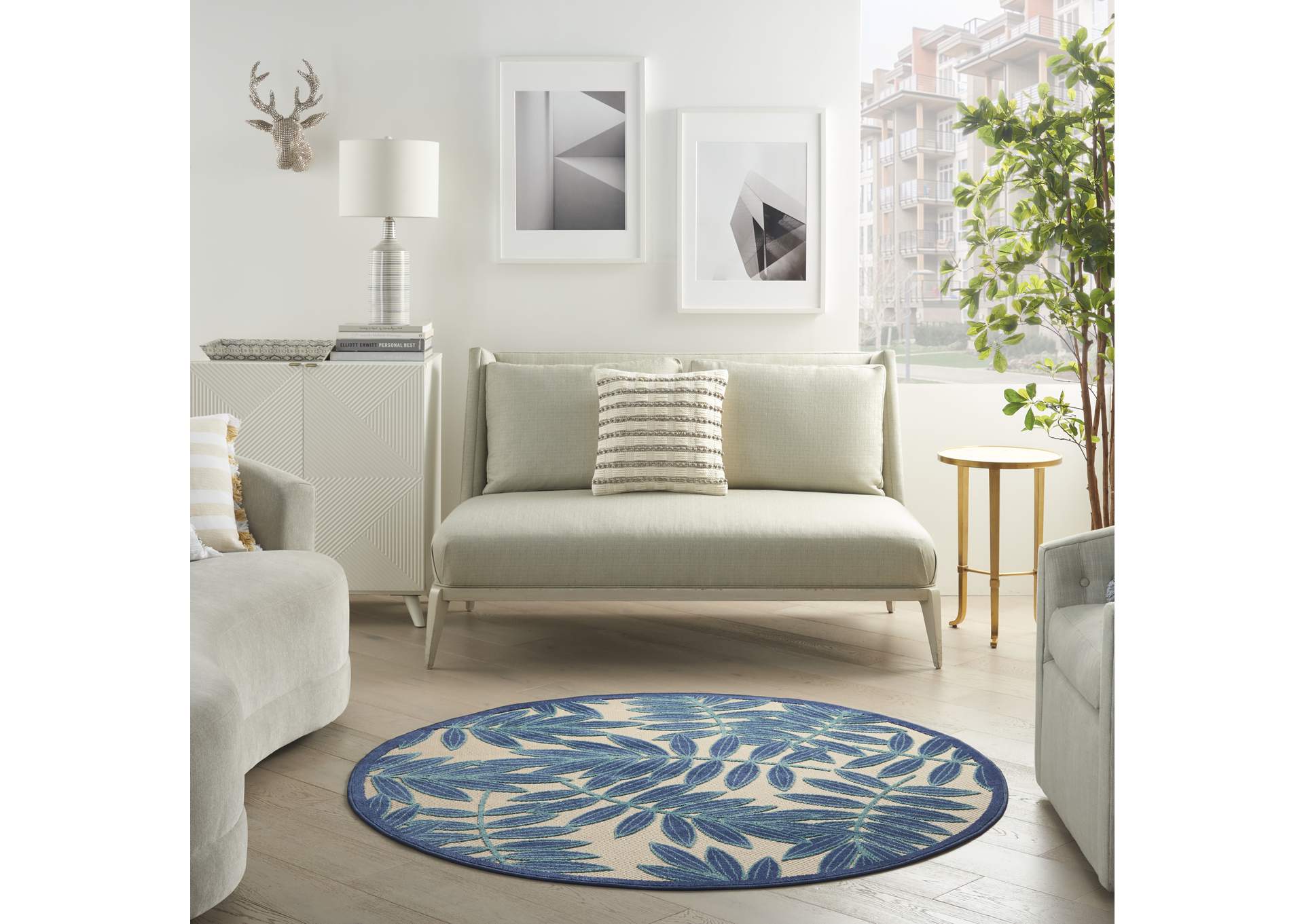 Nourison Aloha ALH18 Navy Blue and White 5'3 Round Indoor-outdoor Area Rug,Nourison