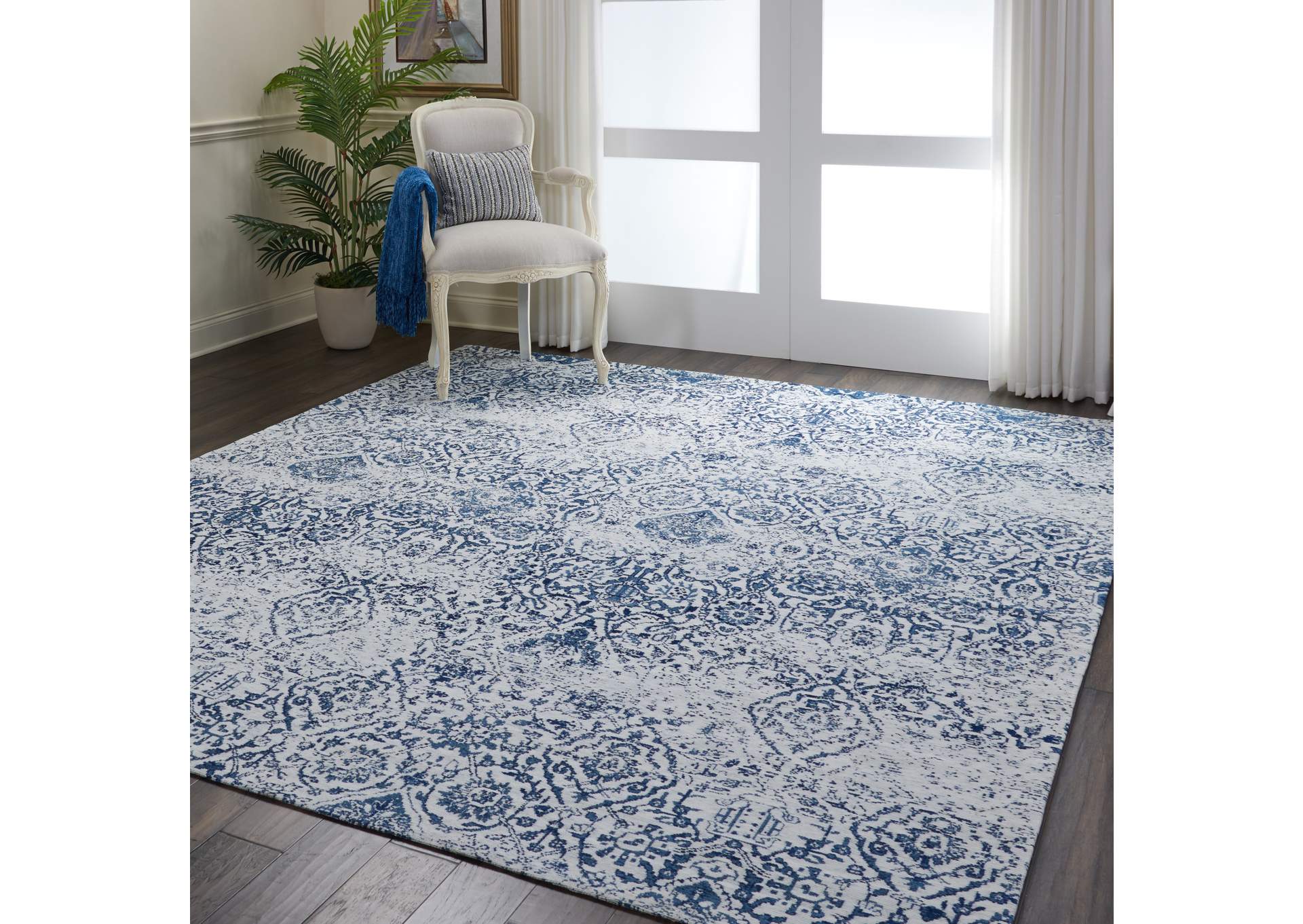 Nourison Damask DAS06 Dark Blue and White 8'x10' Large Flat Weave Rug,Nourison