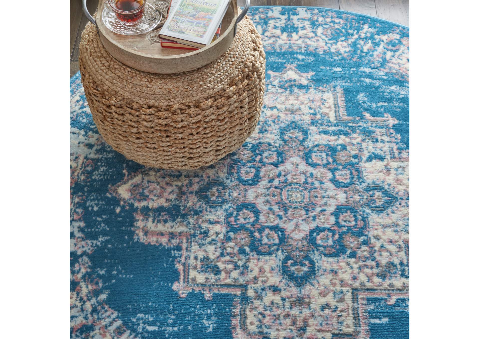 Nourison Grafix GRF14 Blue 5' Round Persian Area Rug,Nourison