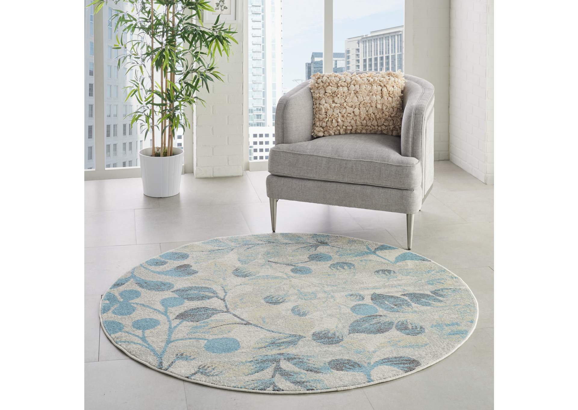 Nourison Tranquil TRA03 Turquoise and Beige 5' Round Botanical Area Rug,Nourison