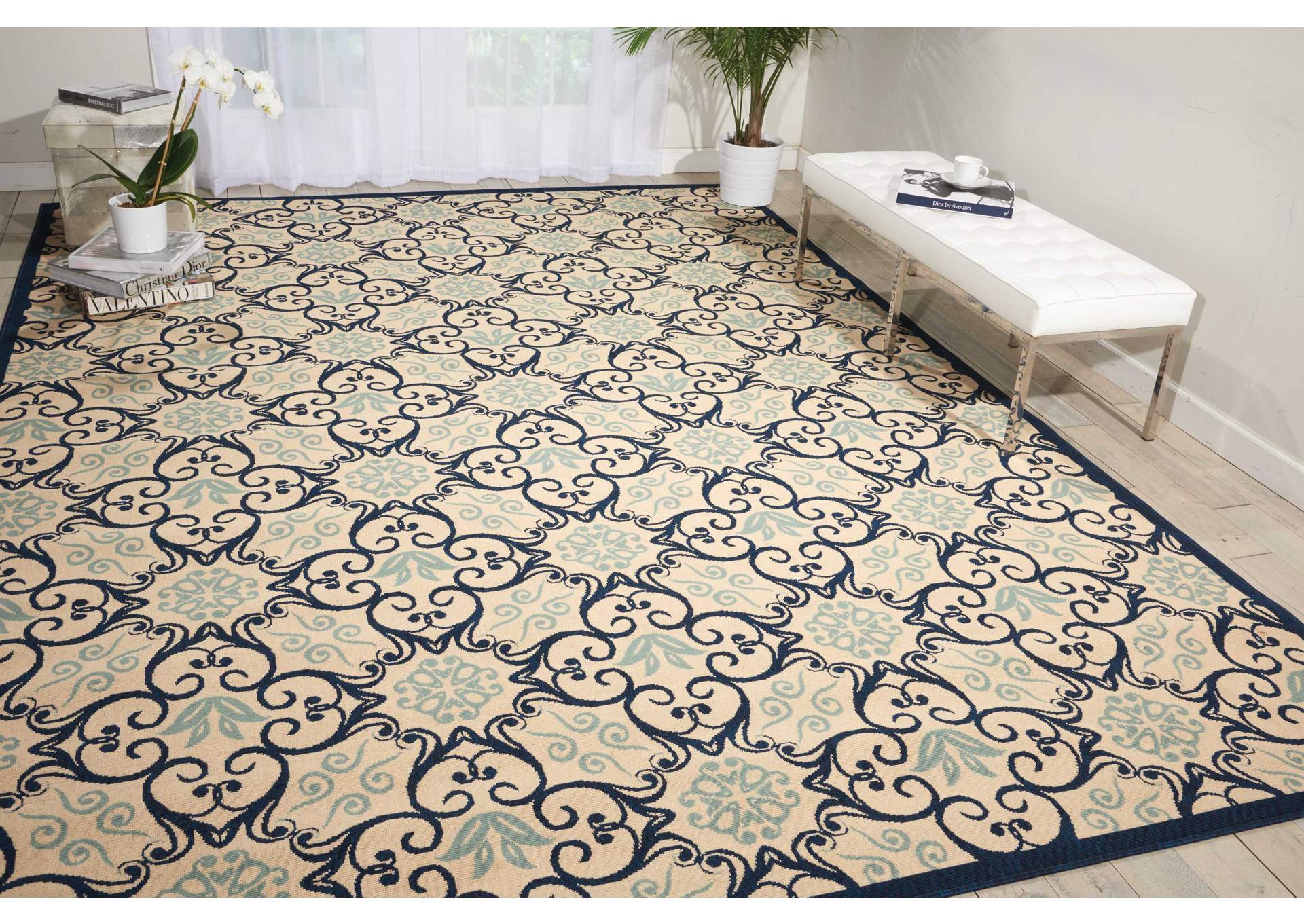 Nourison Caribbean CRB02 Dark Blue and White 9'x13' Oversized Rug,Nourison