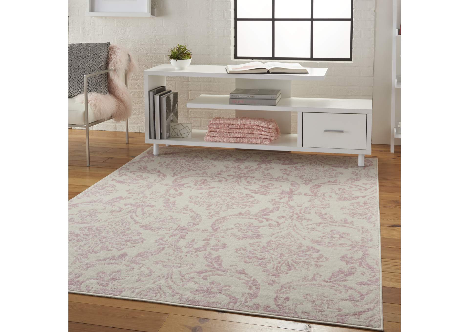 Nourison Jubilant JUB09 White and Pink 6'x9' Farmhouse Area Rug,Nourison