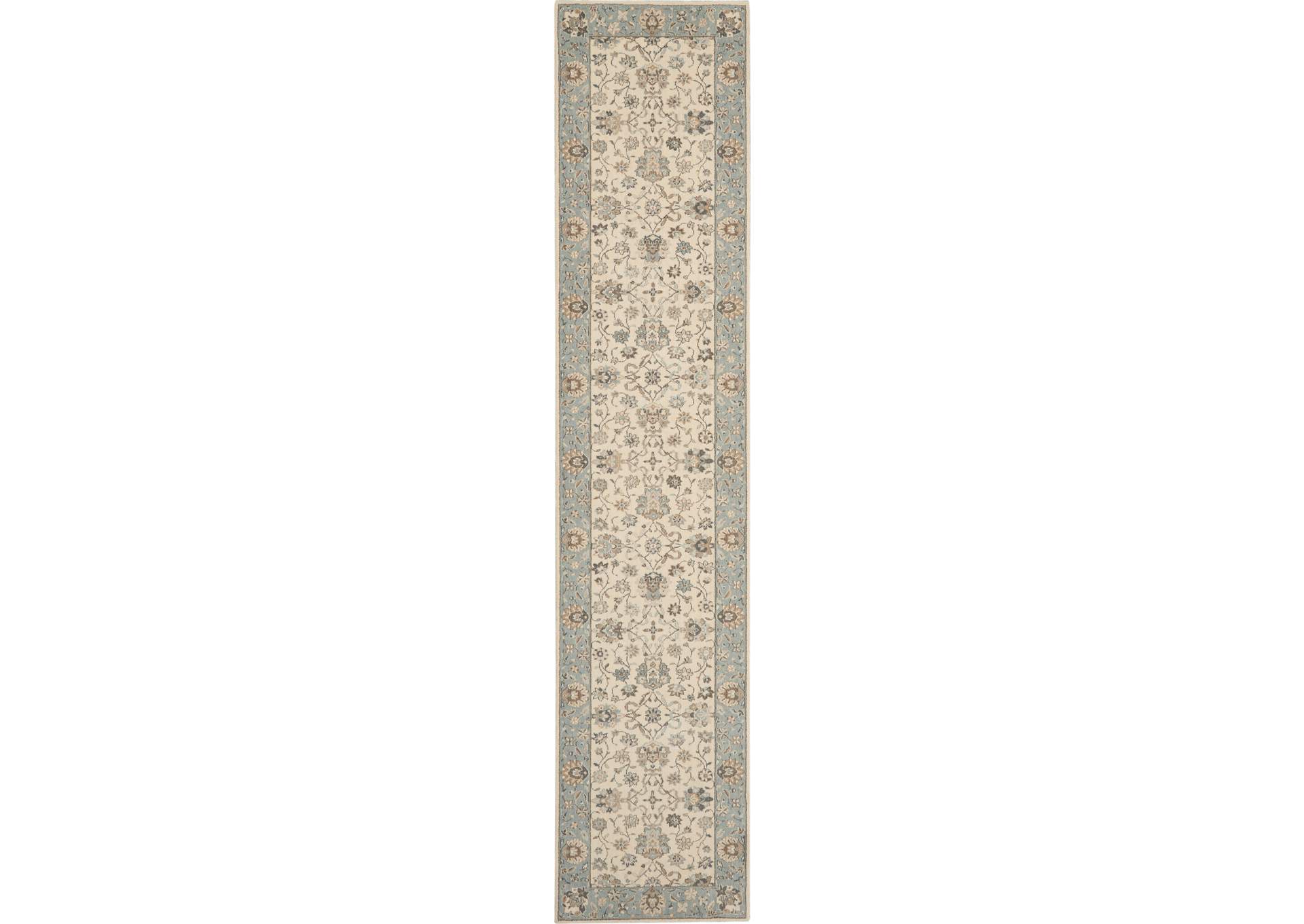 Nourison Living Treasures 12' Runner Ivory and Aqua Area Rug,Nourison
