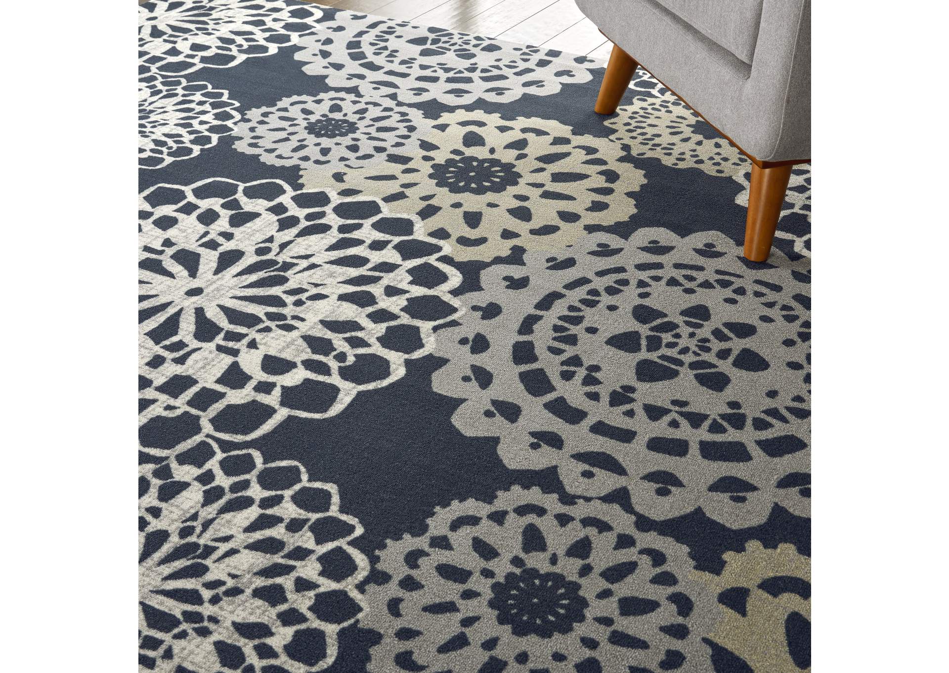 Waverly Sun N Shade SND72 Navy Black and Grey 5'x8' Ornate Medallion Area Rug,Nourison