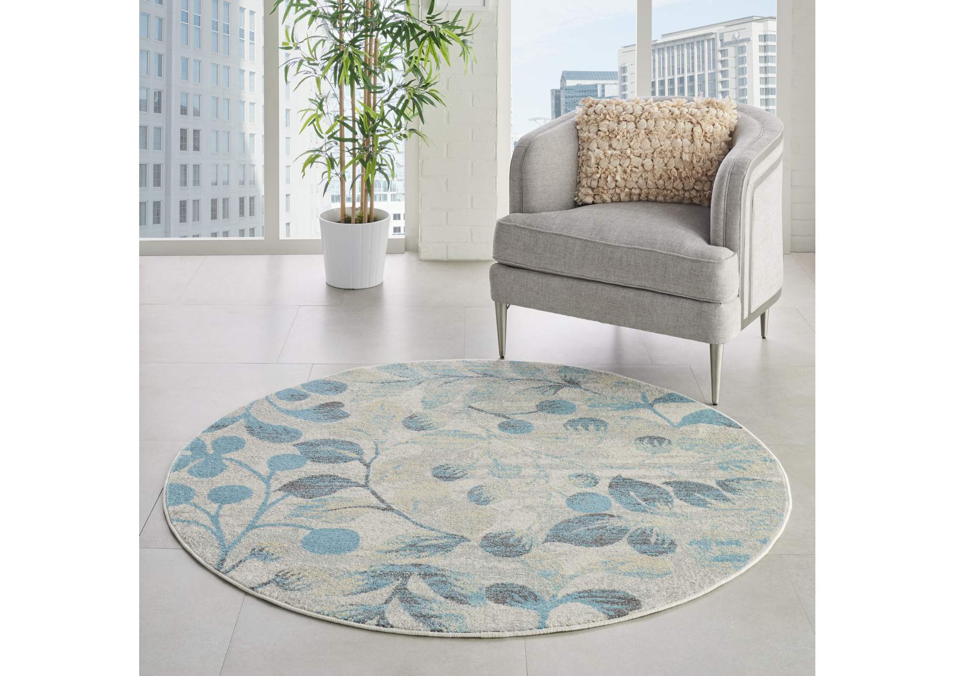 Nourison Tranquil TRA03 Turquoise and Beige 5' Round Botanical Area Rug,Nourison